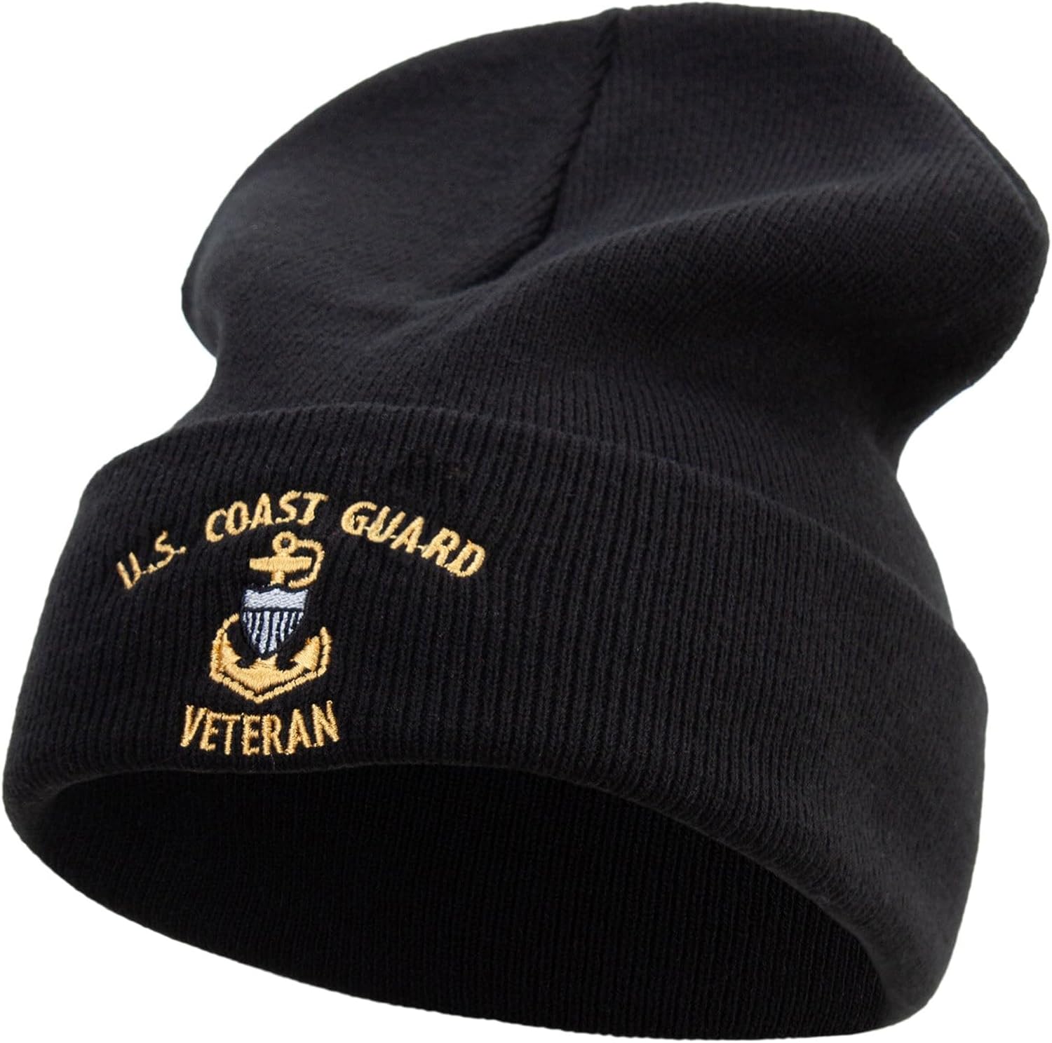 Made in USA Silver US Coast Guard Veteran Logo 12 Inch Solid Knit Cuff Long Beanie