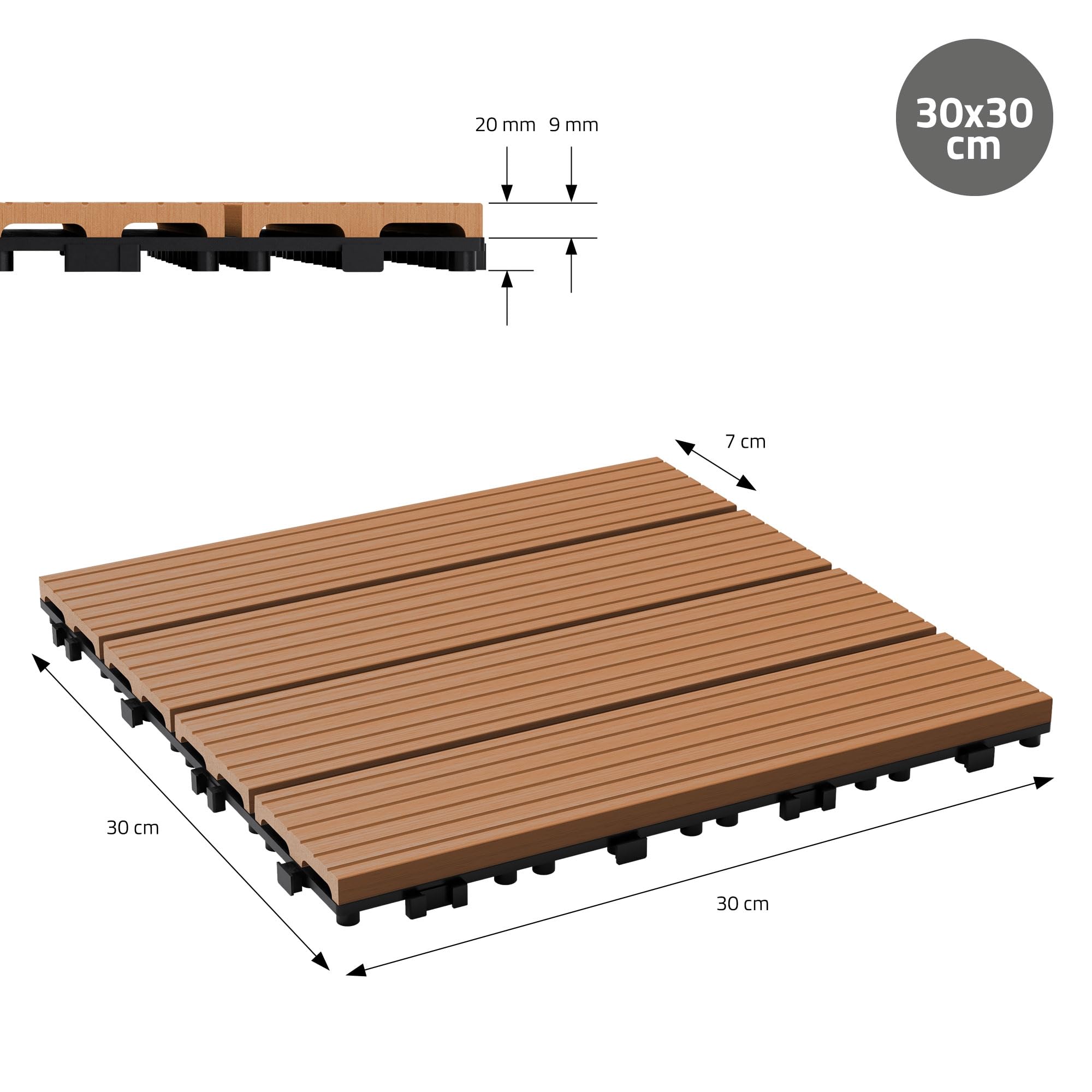 ECD Germany Piastrelle per Pavimenti da Esterno Piastrelle per Terrazze in WPC 30x30 cm Set di 22 pezzi per 2m ² Marrone Chiaro con Aspetto Legno Piastrelle da Giardino con Drenaggio e Sistema Plug-In