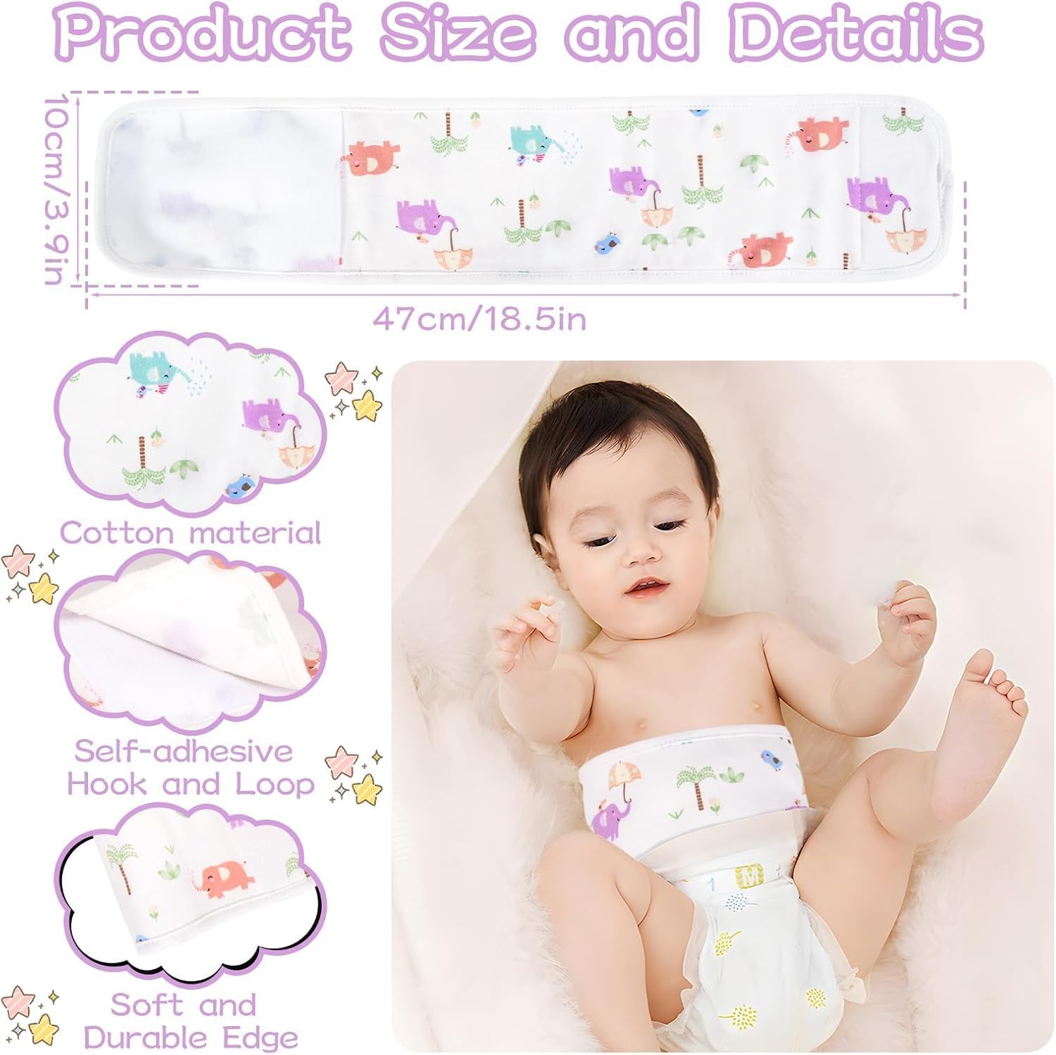 4Pcs Baby Umbilical Cord Belly Band | Soft Magic Tape & Double‑Layer Cotton | Adjustable Breathable Newborn Tummy Wrap for 0‑12 Months Infant,Elephant