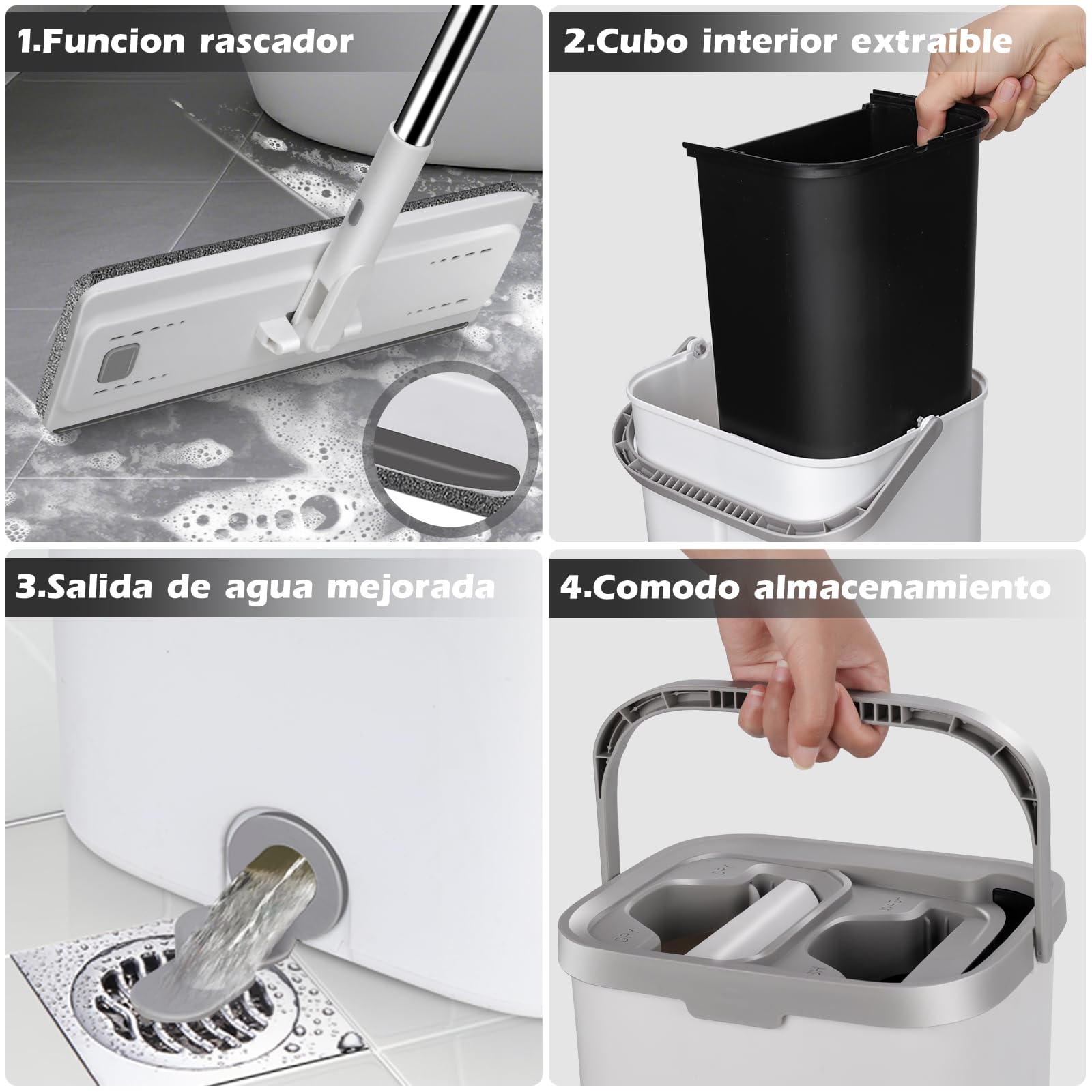 MASTERTOP Mopa Fregona con Cubo Escurridor, Microfibra 360° Fregona Plana y Mango Largo de Acero Inoxidable con 5 Almohadillas Reemplazables - Adecuado para Domésticos y de Oficina (Blanco)
