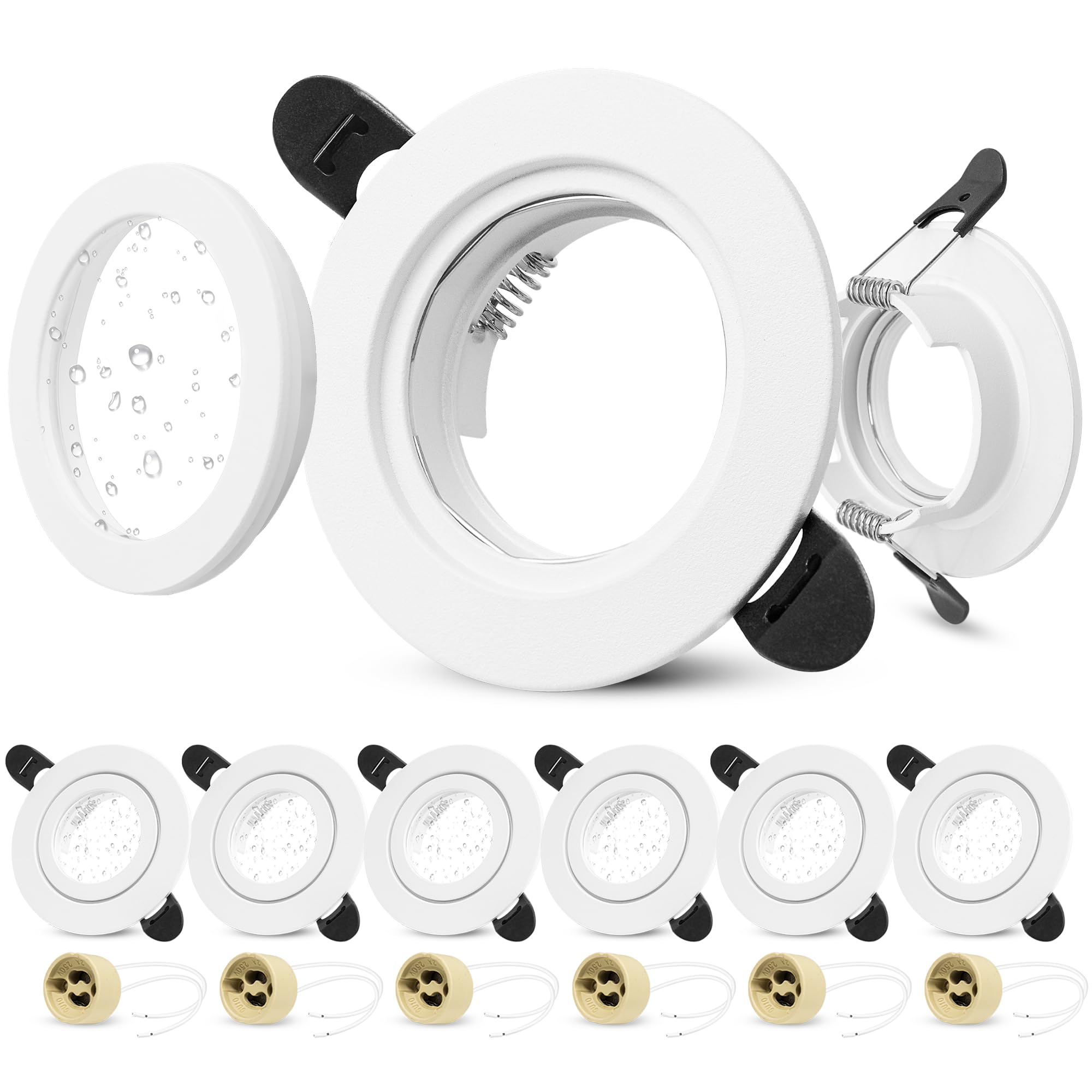 6 x Marco Foco Empotrable GU10 IP65, Apertura 58-75mm Marco Ojos de Buey LED para Techo Incl. Portalámparas GU10, Redondo Aluminio Downlight LED Techo Empotrable, Blanco