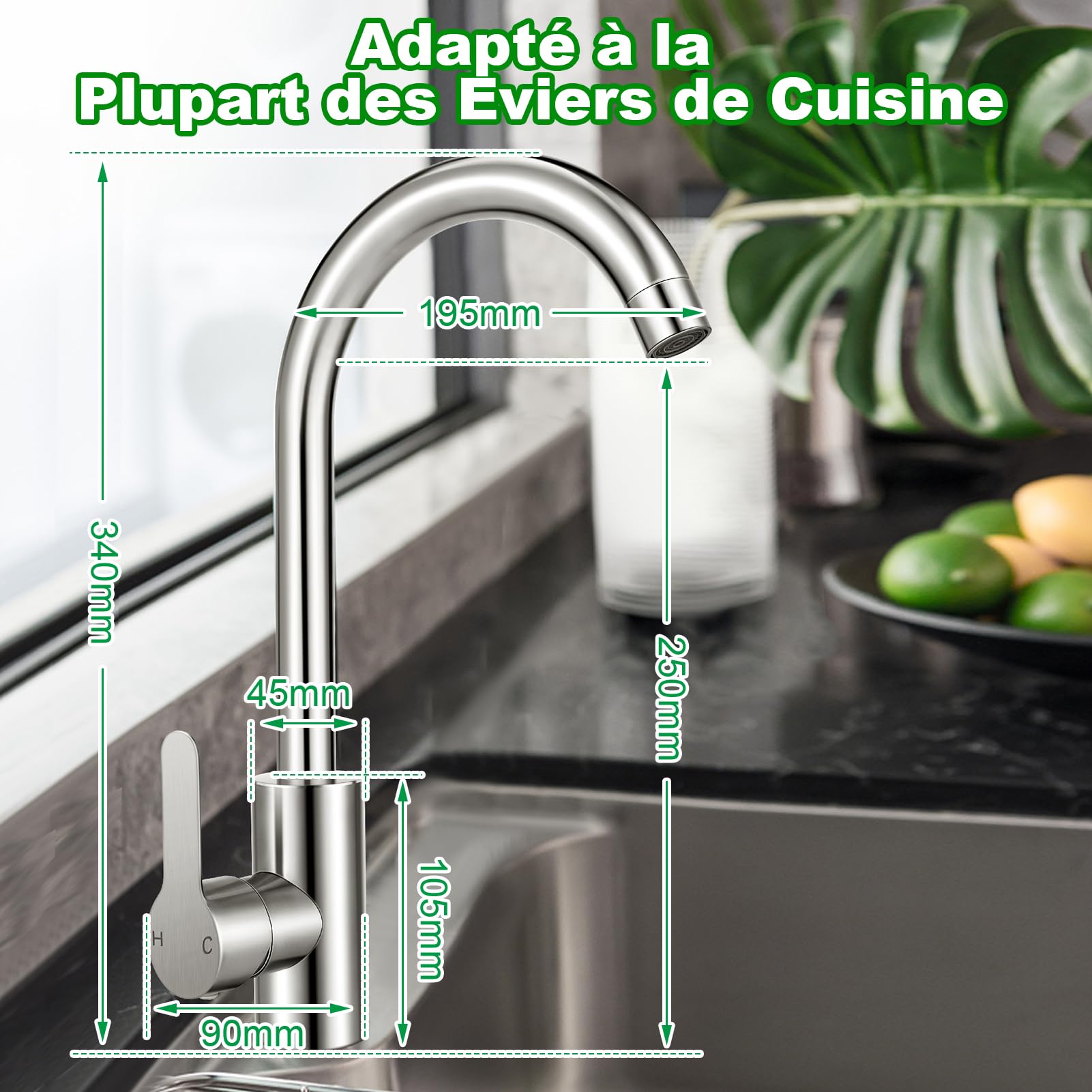 Mitigeur Cuisine Acier Inox Bec Pivotant 360° Monocommande Tuyau Flexible G3/8 x M10