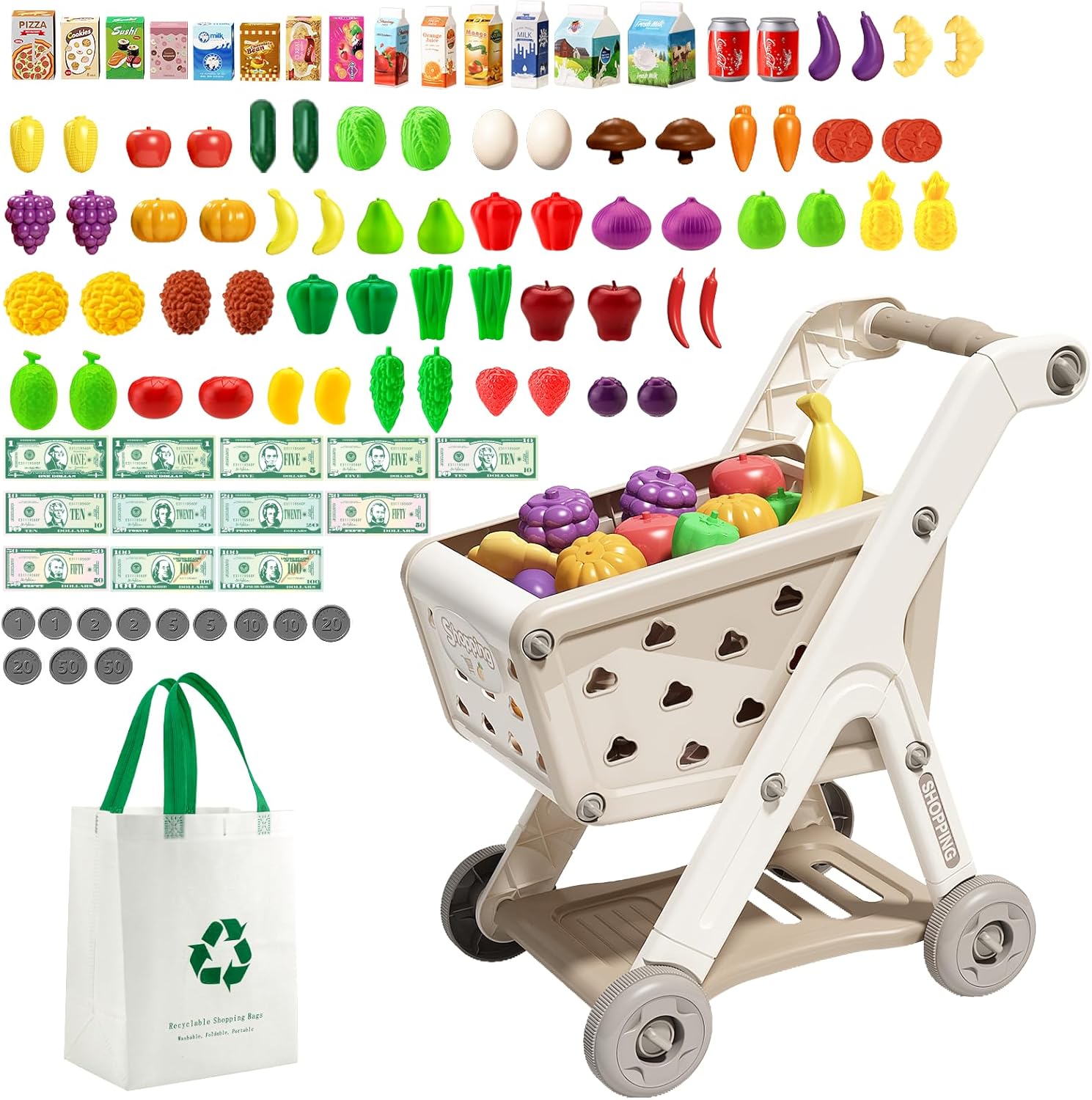 102pcs Kids Shopping Cart Trolley Play Set with Pretend Food and Accessories,Perfect for Ages 3+ Pretend Play and Role-Playing Games（Khaki）