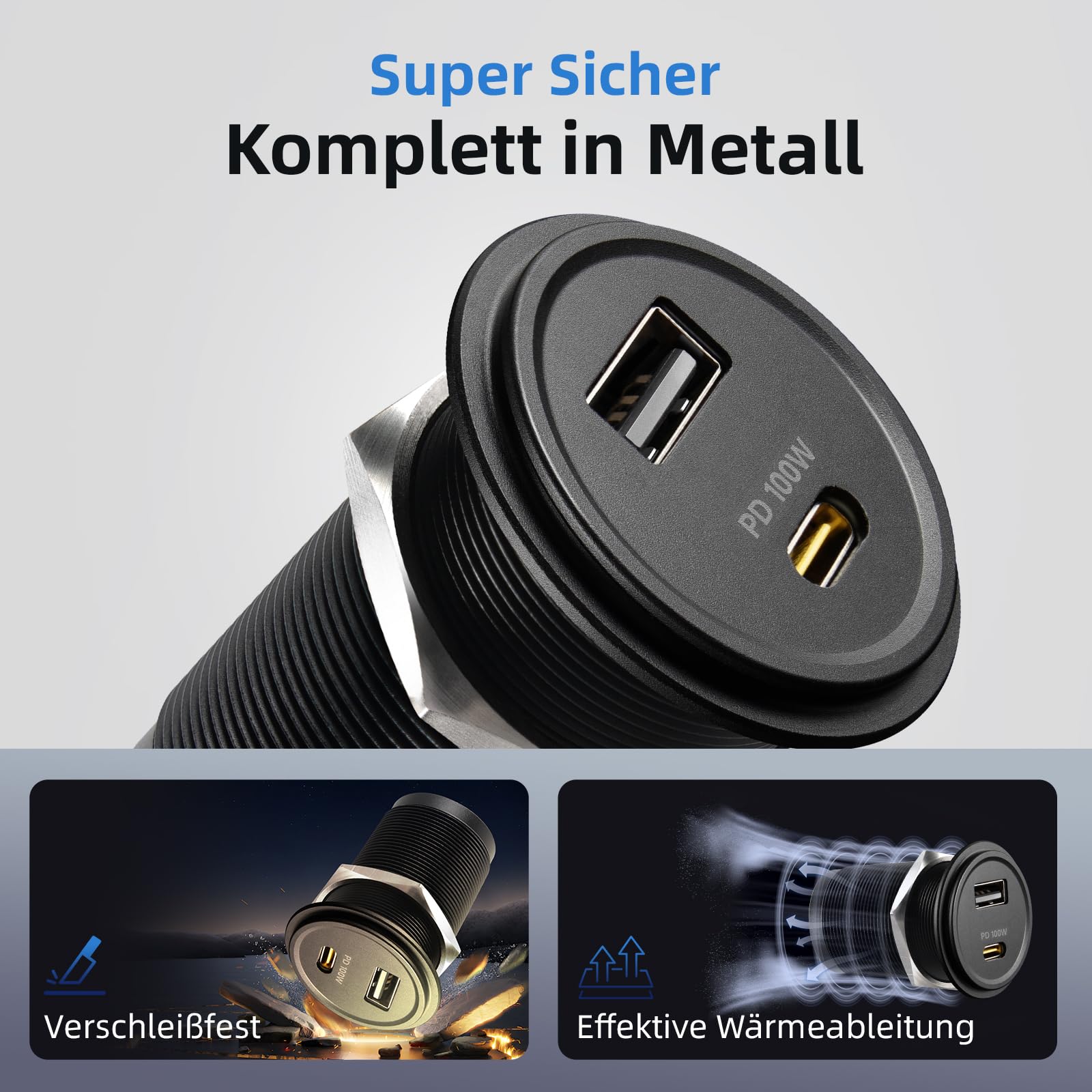 USB C Steckdose 12V PD 100W Wohnmobil Aluminium, PD3.0 USB-C & QC3.0 USB-A 18W Einbau Buchse für Boot Wohnwagen Camper Auto LKW(2 Stück)