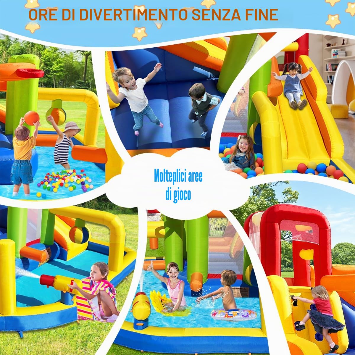 Baralir Castello gonfiabile XXL con acquascivolo e ventilatore, ideale per giardino, casa gioco perfetta per bambini all'aperto, esperienza di parco giochi sicura