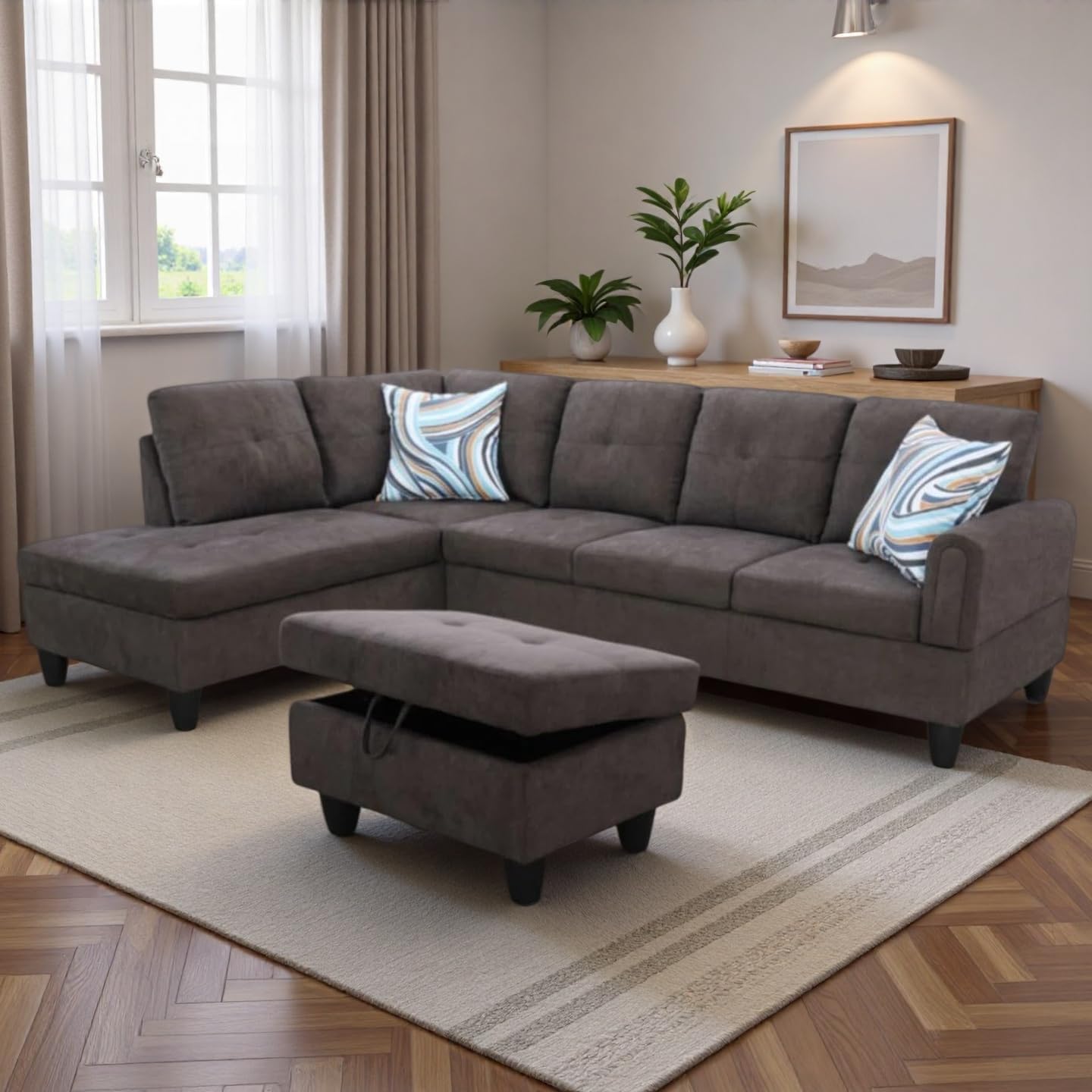 NicBex Modular L-Shaped Sectional Couches, 3-Piece Convertible Couch with Storage Ottoman, 4-Seat Comfy Sofa with Chaise for Living Room & Apartment, Dark Brown