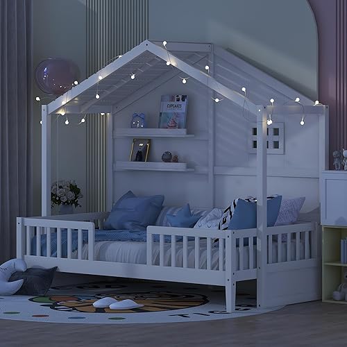 Miniatura 74 de RUNNA Marco de cama de madera de tamaño matrimonial con valla, para niños, adolescentes, niñas, niños, (Natural-Thinck 4col) Natural-Thinck