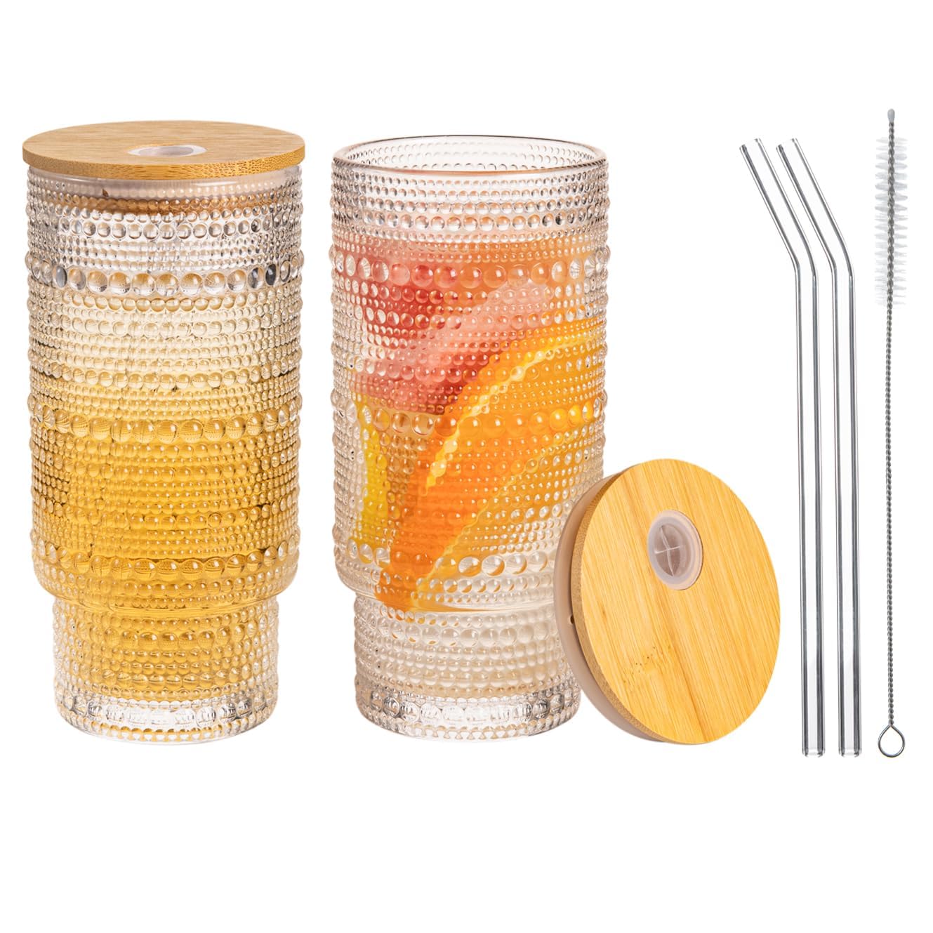 MRZIKPO Drinking Glasses with Lids and Glass Straw 2pcs Set,16oz Glass Tumbler Cups,Water Glasses,Iced Coffee Glasses,iced Tea Glasses,Ideal for Whiskey,1 Brushes