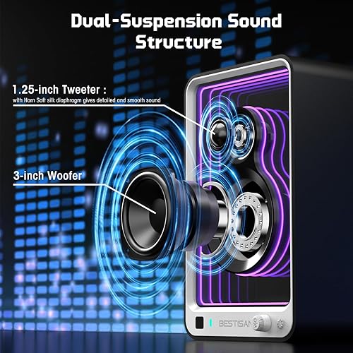 Miniatura 4 de BESTISAN - Altavoces activos de 50 W x 2 con efecto de luz dinámica, altavoces de computadora de graves de 3 pulgadas con entrada ARCópticaRCABT