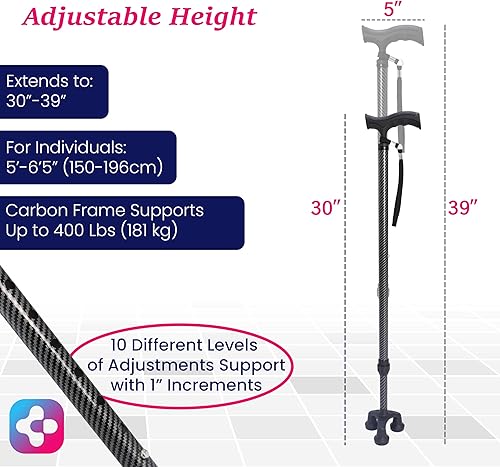 Miniatura 4 de Dr. Aid Tripod and fourpod Walking Cane for Men & Women Premium Carbon Fiber Black Cane Adjustable Heavy-Duty 3 or 4-pronged Walking Stick for