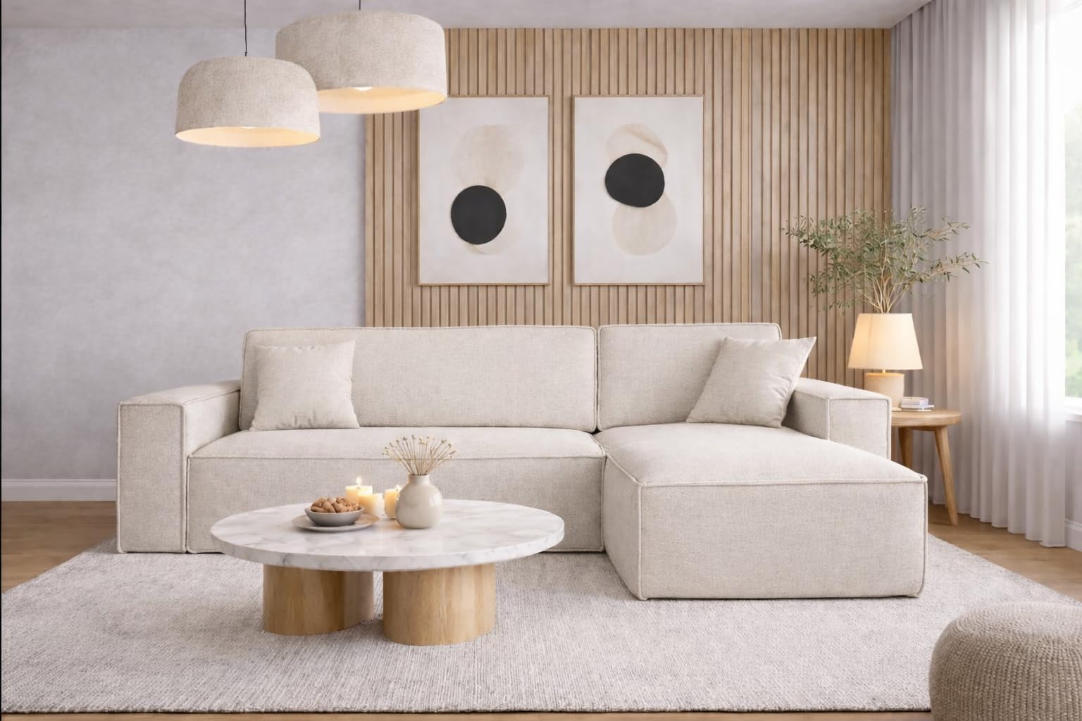 Kaiser Möbel, Ecksofa mit schlaffunktion, mit Bettkasten, Schlafsofa Best, Designer L-Form Sofa, Modern Design Couch, Polsterecke, Freistehend, Stoff Neve Ecru Rechts