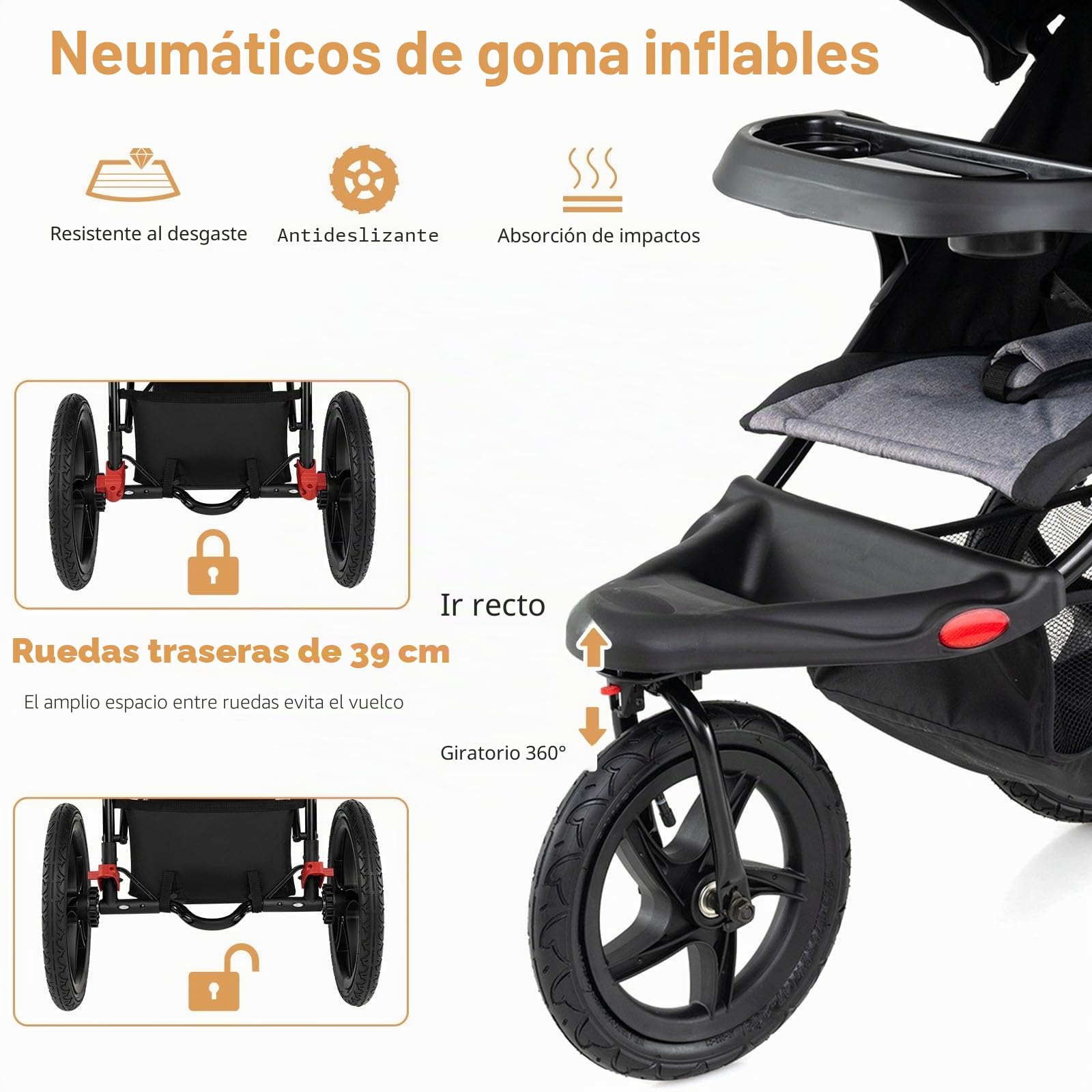 LIFEZEAL Cochecito Plegable con 3 Ruedas, Parasol Ajustable, Arnés de 5 Puntos, Bandeja Extraíble, Soporte para Bebidas, Hasta 22 kg, Color Negro