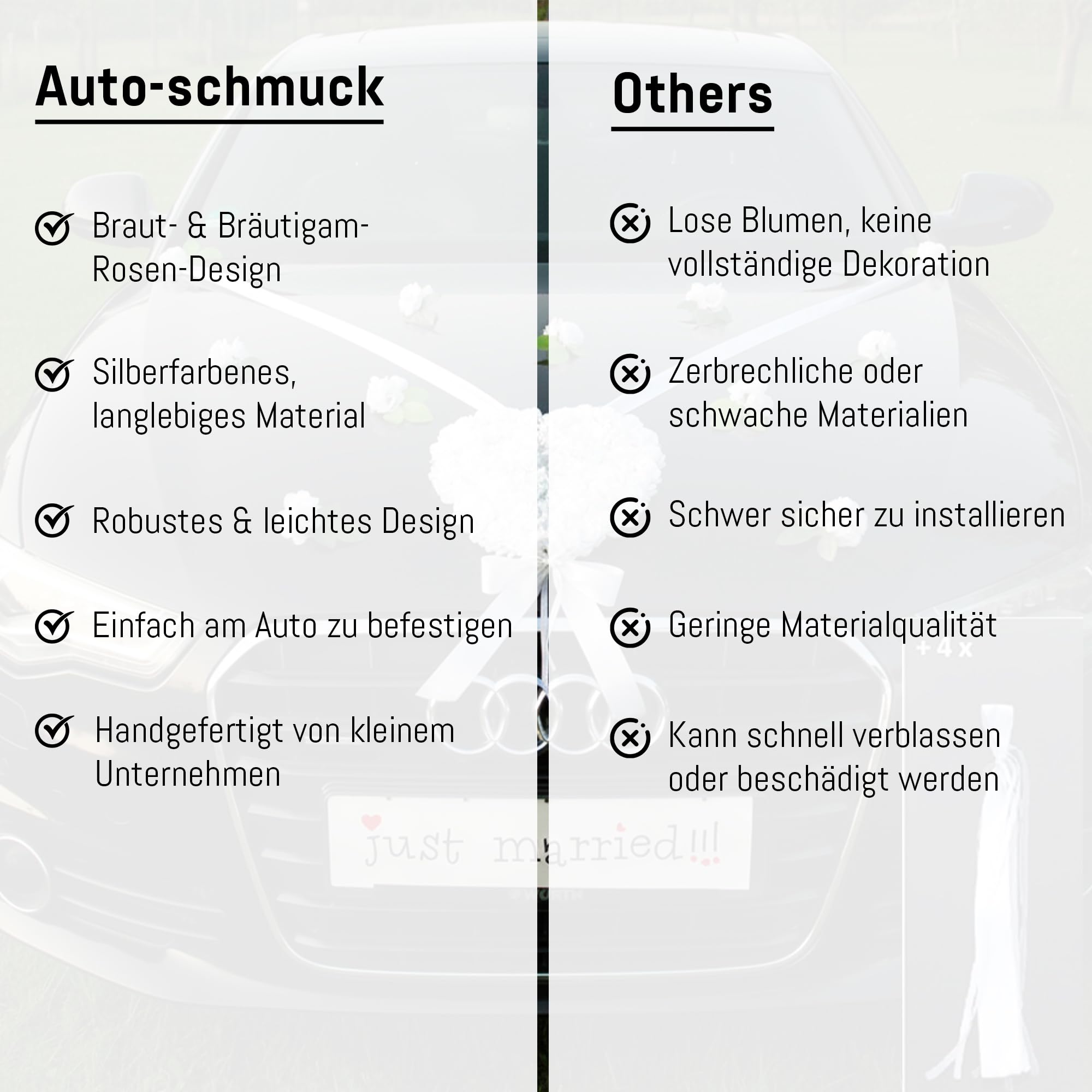 LIEBESHERZEN Braut Paar Rose Deko Dekoration Autoschmuck Hochzeit Car Auto Wedding Deko Girlande PKW ®Auto-schmuck (reinweiß 2)