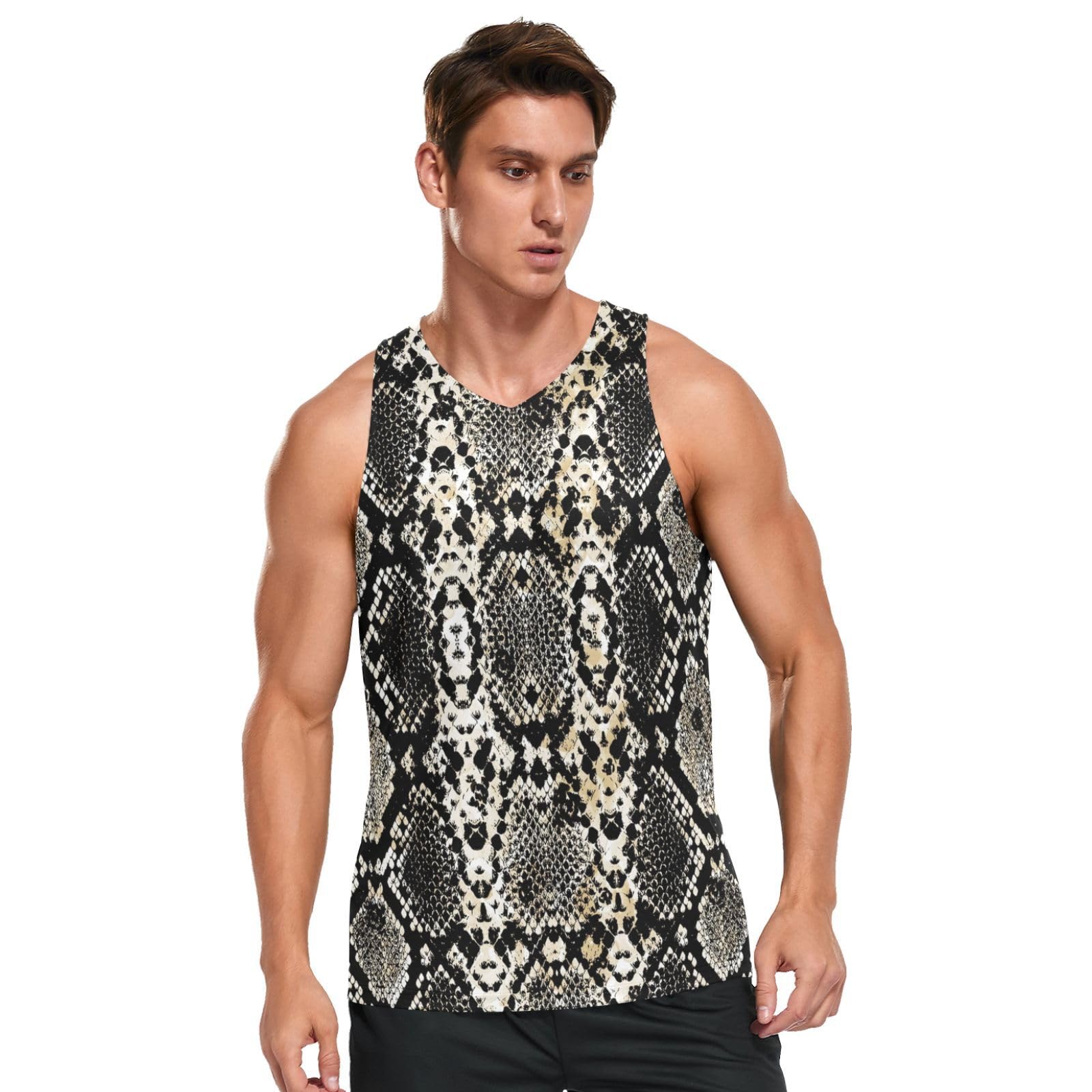 Linomo Mens Tank Tops Snake Skin Print Summer Sleeveless Tops Sports Vest Athletic Training Gym Training Tops T-Shirt Multicoloured