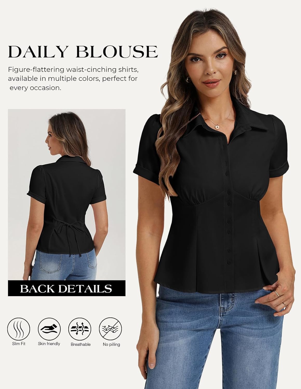 Belle Poque Womens Short Sleeve Button Down Shirts Work Tops Blouses for Women Dressy Casual - Image 3