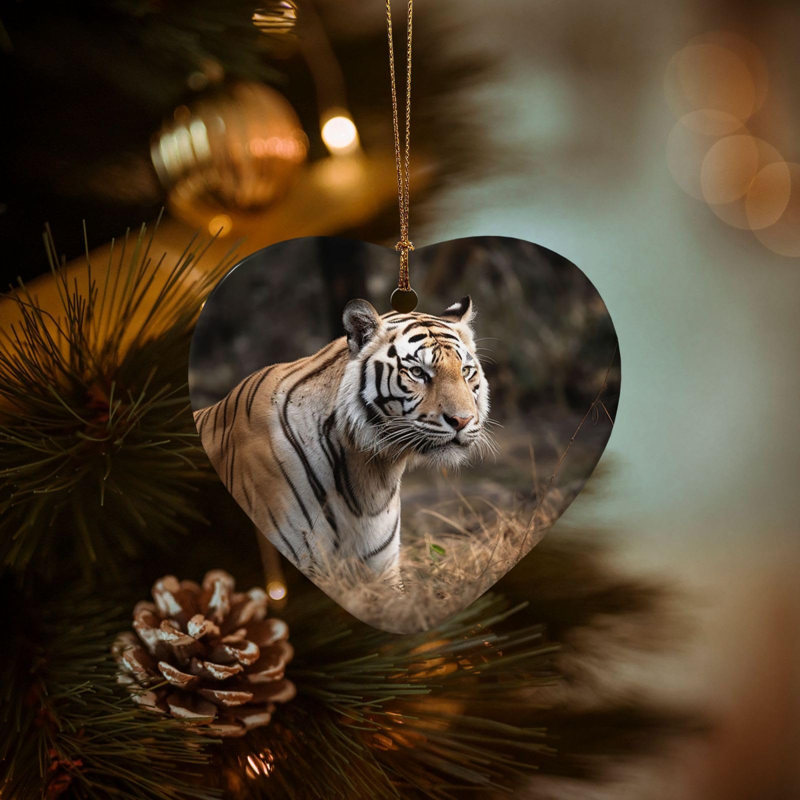 Christmas Ornaments for Christmas Tree Decoration Hanging Wildlife Tiger Ornament with Gold Ribbon Crafts Heart Shape Ceramic Pendant for Keepsake Gifts Xmas Decor Party Supplies