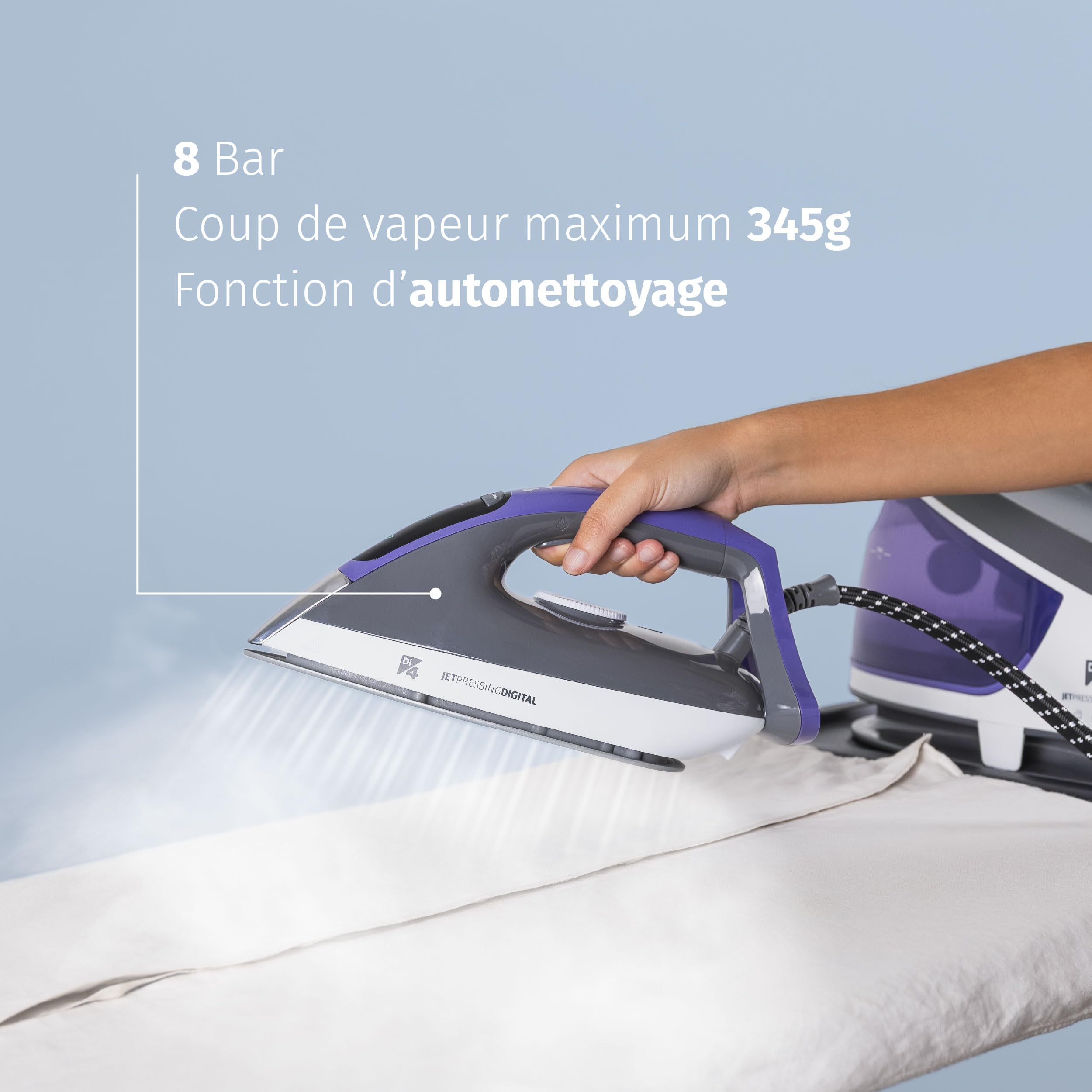 Di4 Centrale vapeur Jet Pressing Digital, Puissance 2600W, 8 Bars, Coup de vapeur 345g, Réservoir amovible XL 1,5L, Semelle céramique, Repassage vertical, Prête en 1 min, Écran LED, Autonettoyage