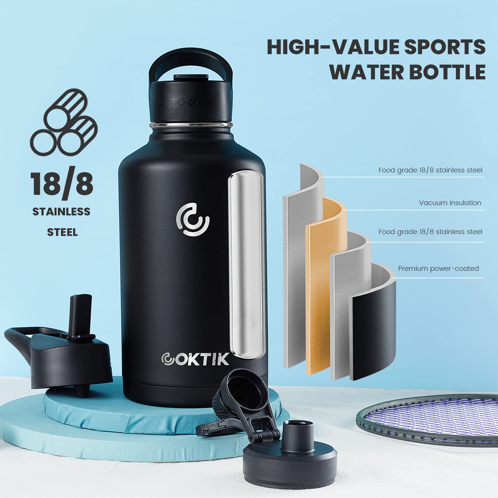 COKTIK 64 oz/Half Gallon Vacuum Insulated Jug, Double Walled Stainless Steel Sports Water Bottle with Reusable 3 Lids for Camping, Gym, Fitness or Office(Black)