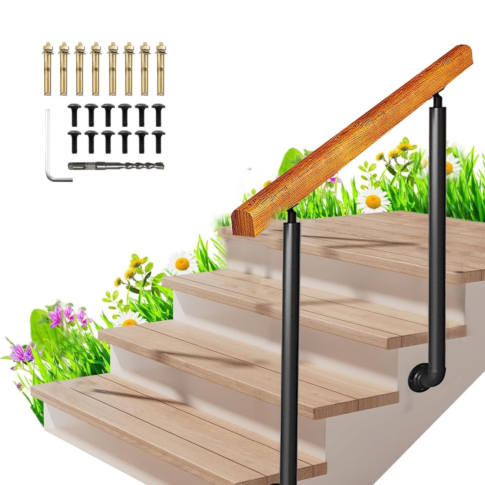 Rampe en bois pour marches d'escalier évitant les chutes sur porche glissant