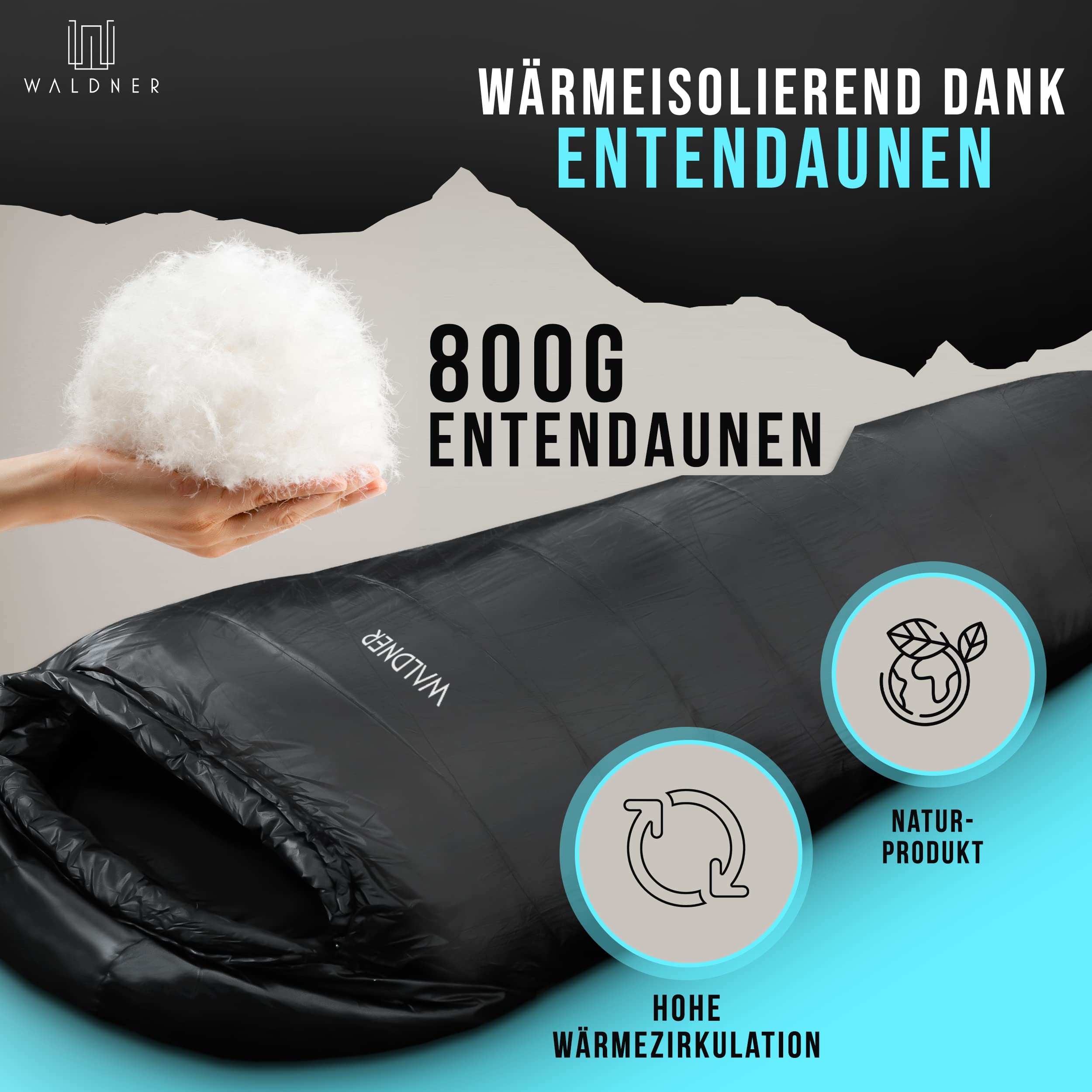 WALDNER Daunenschlafsack Ultraleicht, kleines Packmaß, 4 Jahreszeiten, 800g Daunen, 600FP Bauschkraft, Schlafsack Outdoor und Camping, leicht & warm