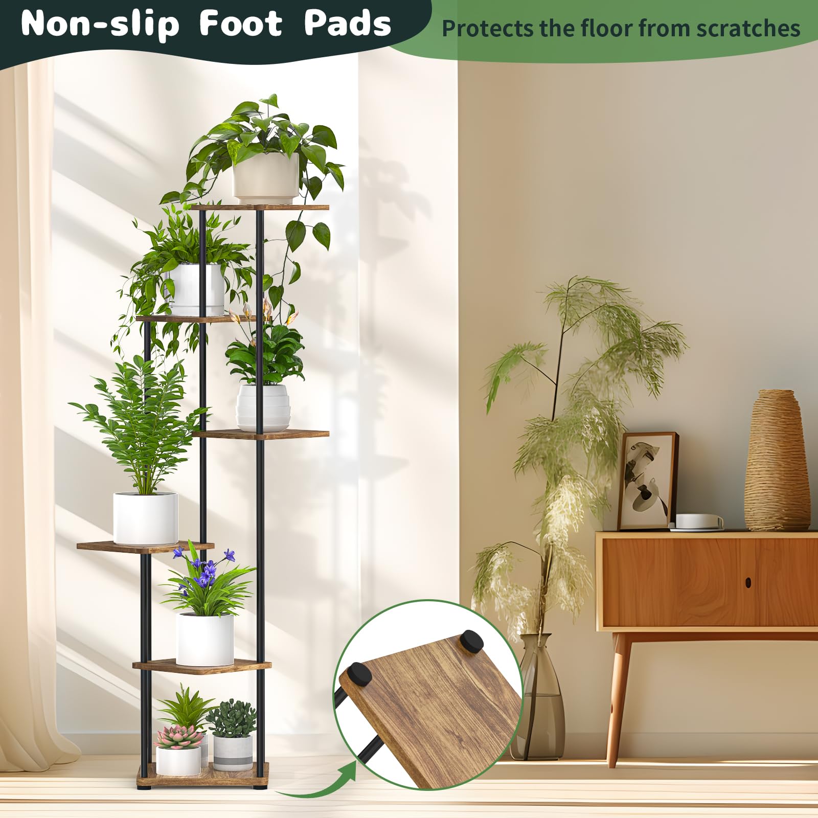 Blumenständer Pflanzenständer, Pflanzenregal Indoor 6 Etagen | Hoch, Innen und Außenbereich, Eck-Ausstellungsregal, Blumentopfhalter, Holz und Metall Blumenregale für Mehrere Pflanzen