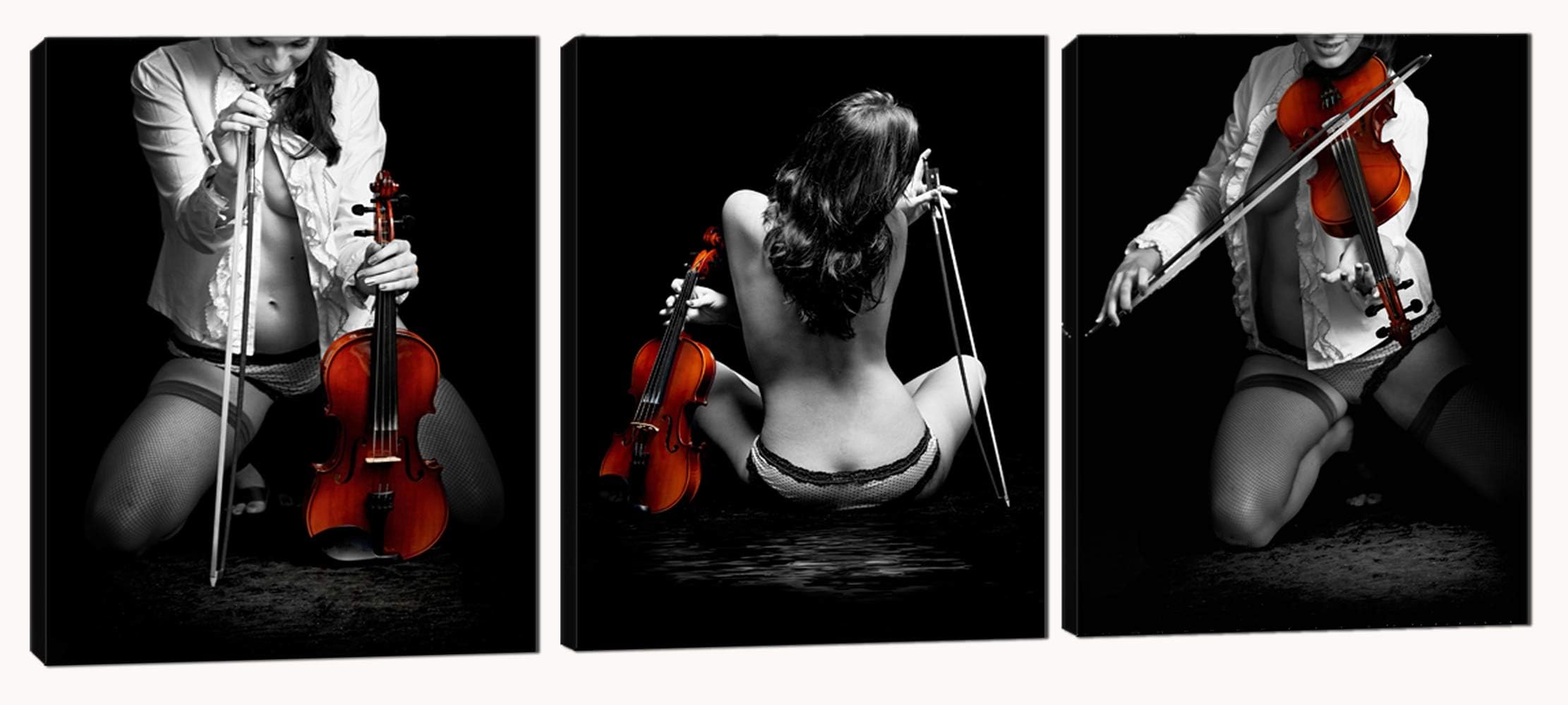 3 Panels Black and White Canvas Wall Art - Lady with Violin Paintings for Living Room - Woman Decor Pictures for Bedroom