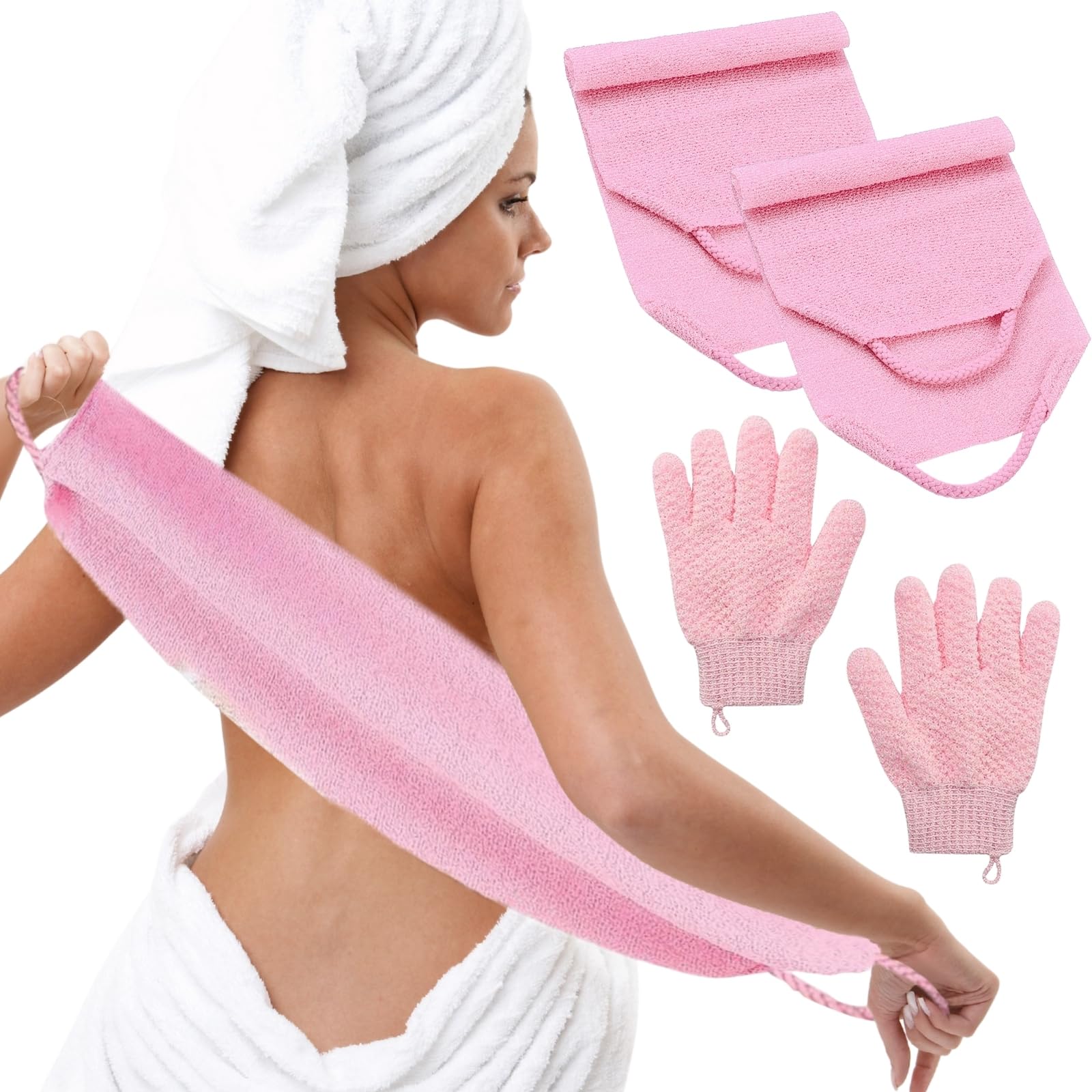 Gant Exfoliant Corps Set, 2 Pièces de Gants Exfoliants et 2 Pièces de Brosse Pour le Dos Douche, Brosse dos Douche et Gant Gommage Corps pour Usage le Corps, le Visage et le Bain (Rose)