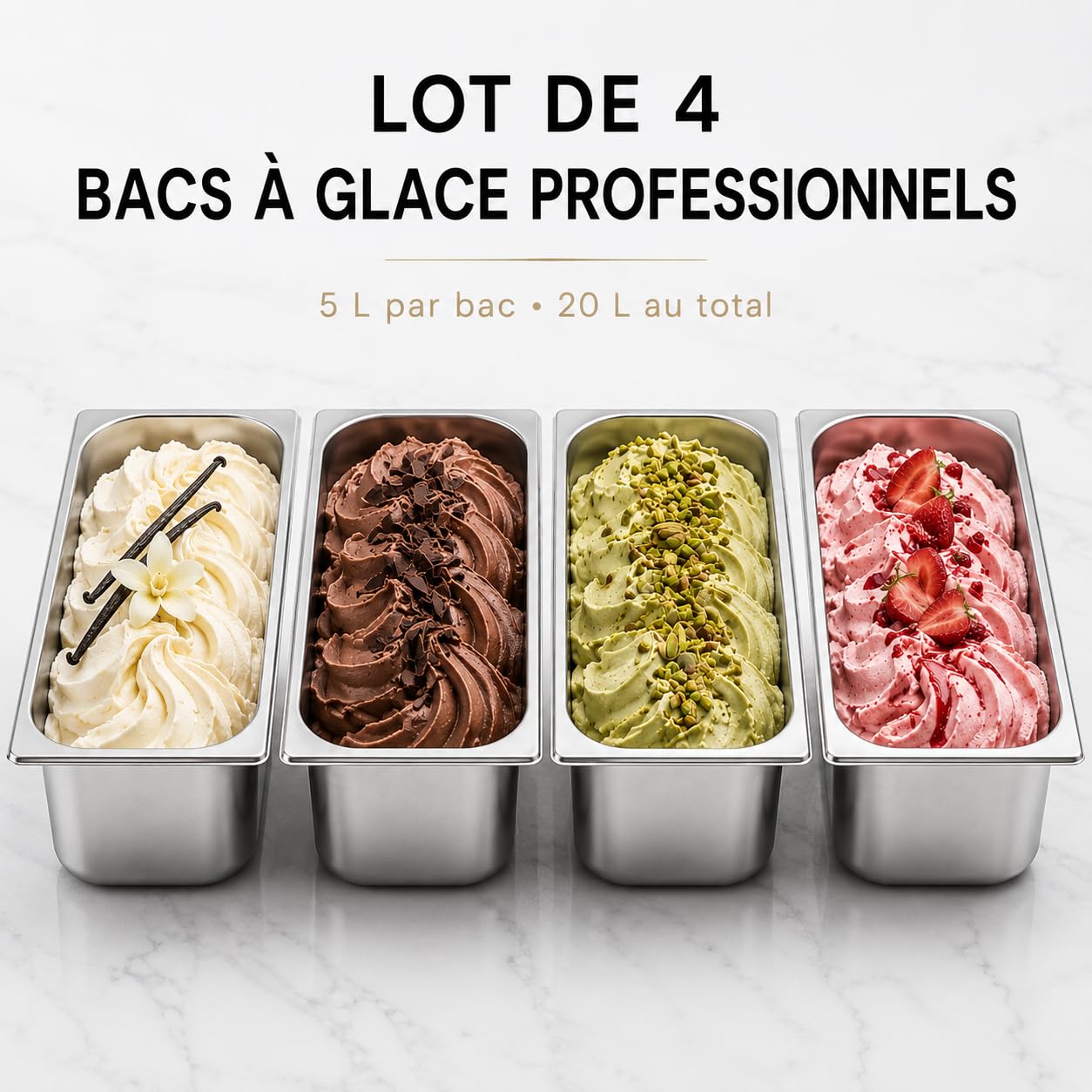 Lot de 4 Bacs à Glace Inox 360x165 mm Hauteur 80 mm 3L – Bac à Crème Glacée Professionnel – Bac Inox pour Vitrine, Bar, Restauration