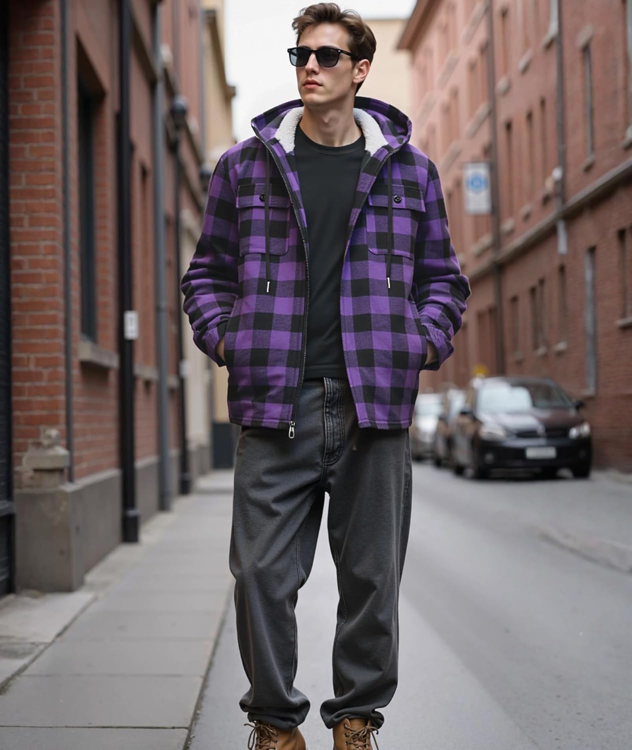 Mens Plaid Full Zip Hoodie Warm Flannel Shirt Jacket Fleece Lined Outerwear Coat with Hood - Image 3