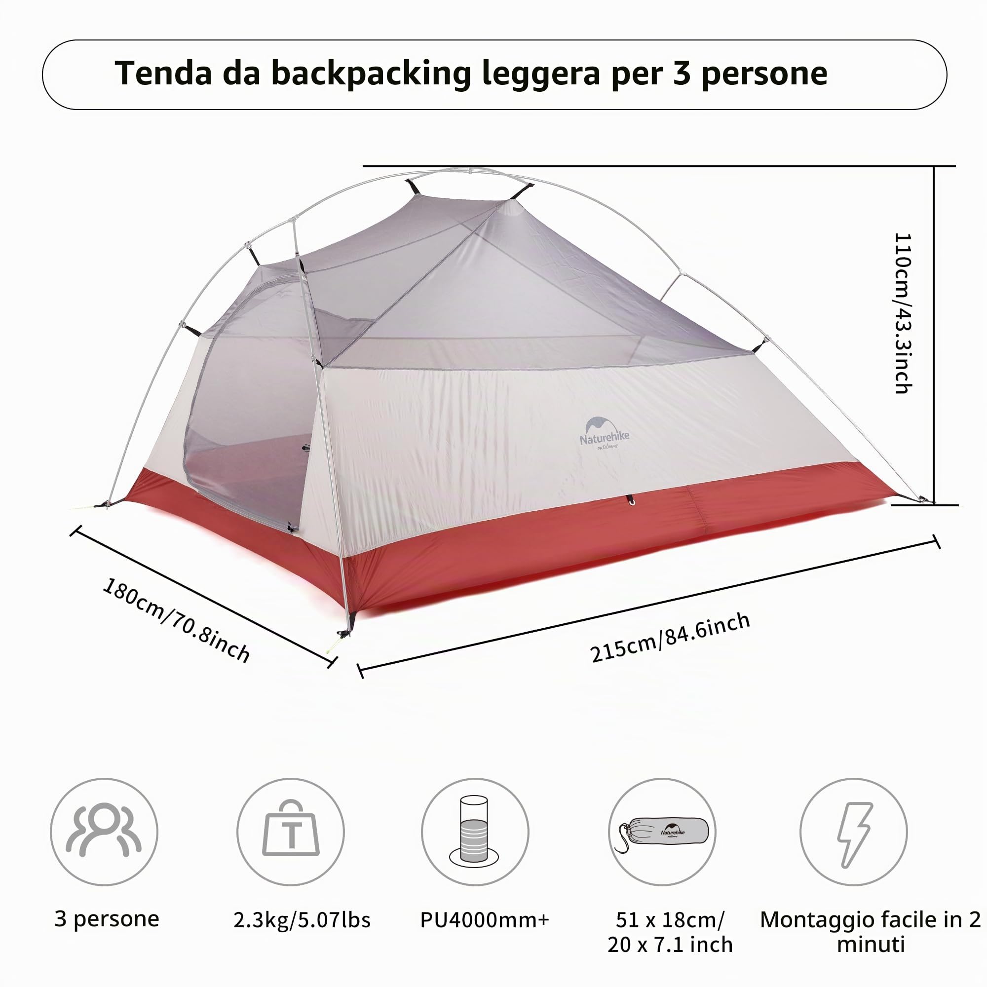 Naturehike cloud-up Ultralight 3 persona tenda impermeabile Double-Layer camping campeggio (20D Grigio)