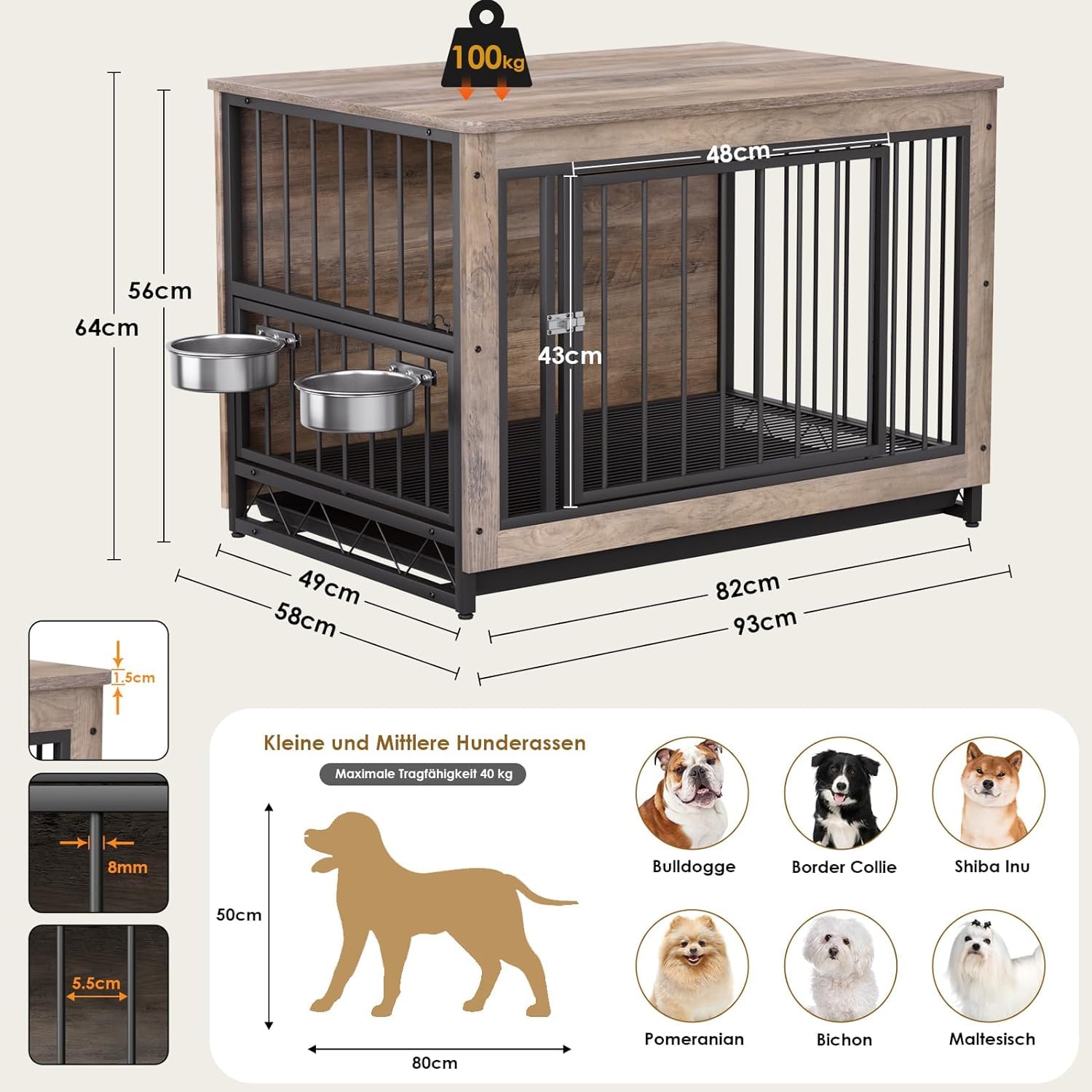 Gabbia per Cani da Interno, 93x64x58 cm, Kennel Medio Piccolo, Casetta Con 2 Ciotole e Porte, Vassoio Estraibile, per Cani di Piccola Media Taglia fino a 40 kg, Grigio