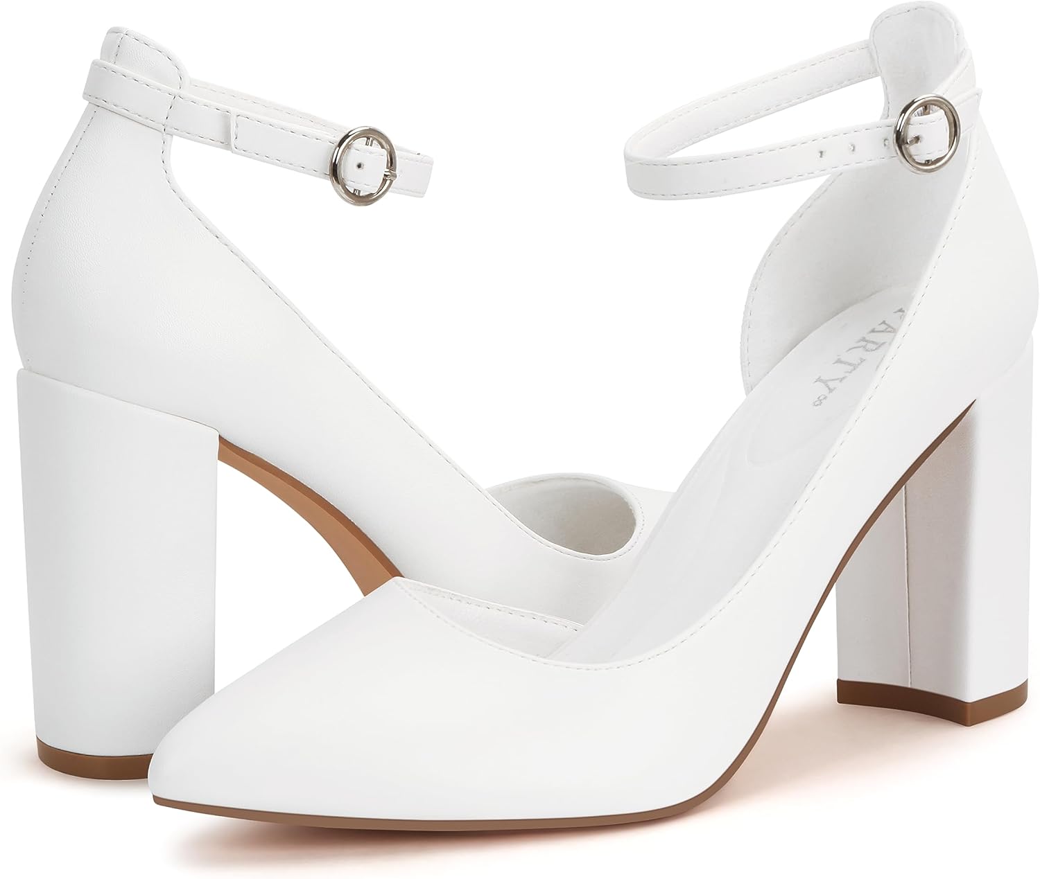 PARTY Women's Closed Toe Pumps 3 Inch Chunky Heels Pumps Ankle Strap Dress Wedding Shoes,White Pu A,7 - Image 6
