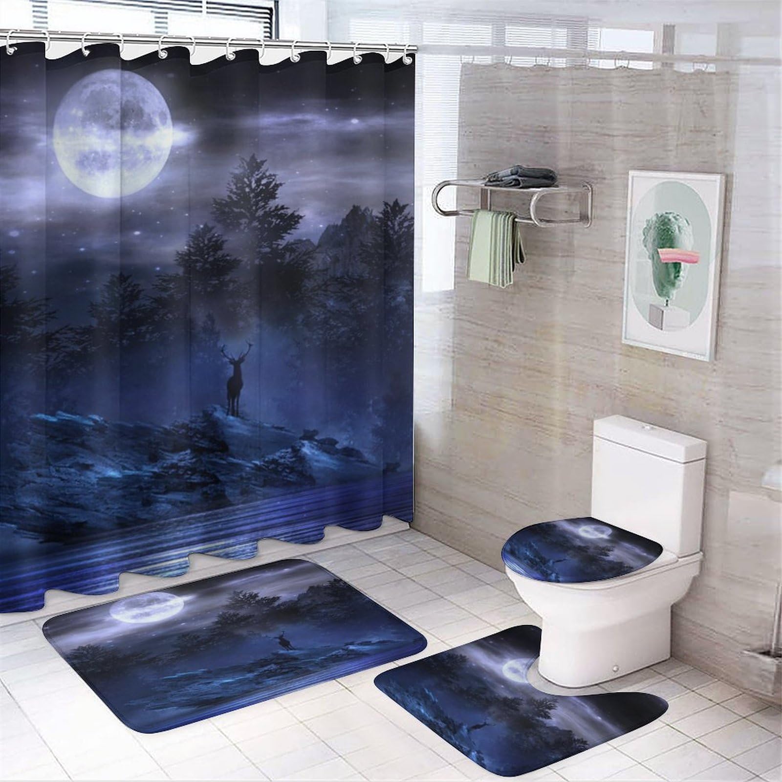 COALHO Moon Misty Forest 4 Pcs Waterproof Shower Curtain Set Nature Magical Foggy Fantasy Wild Deer With Waterproof Toilet Cover Shower Mat Rugs,183x183CM