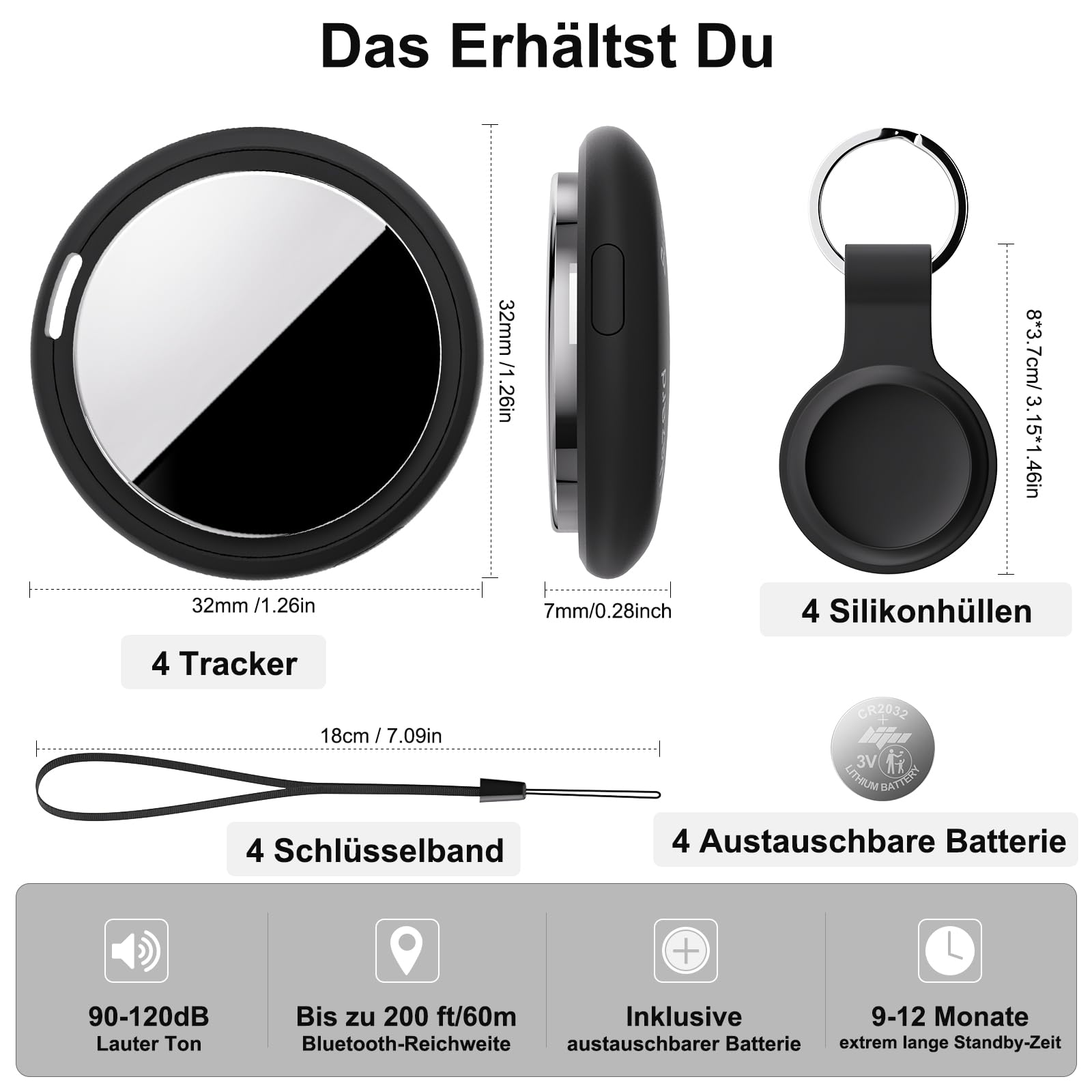 Smart Air Tracker Tag kompatibel mit Apple Wo ist? (nur iOS), Inklusive Ersatzbatterie, Smart Tracker Tag Key Finder für Schlüssel, Fahrrad, Wallet, Koffer, Hunde, Katzen (Schwarz, 4-Pack)