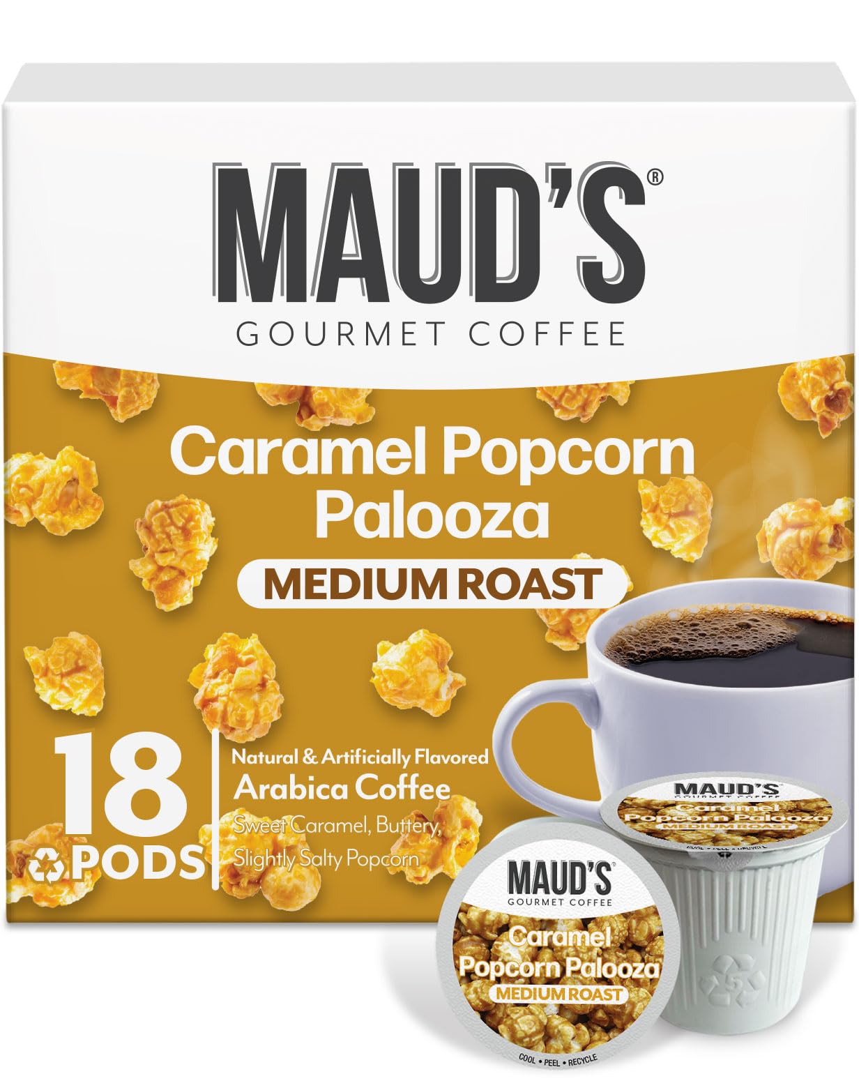 Caramel Popcorn Flavored Coffee Pods, 18 ct, Medium Roast Flavored Coffee in Recyclable Single Serve Pods – 100% Arabica Beans, Compatible with Keurig K Cups Maker