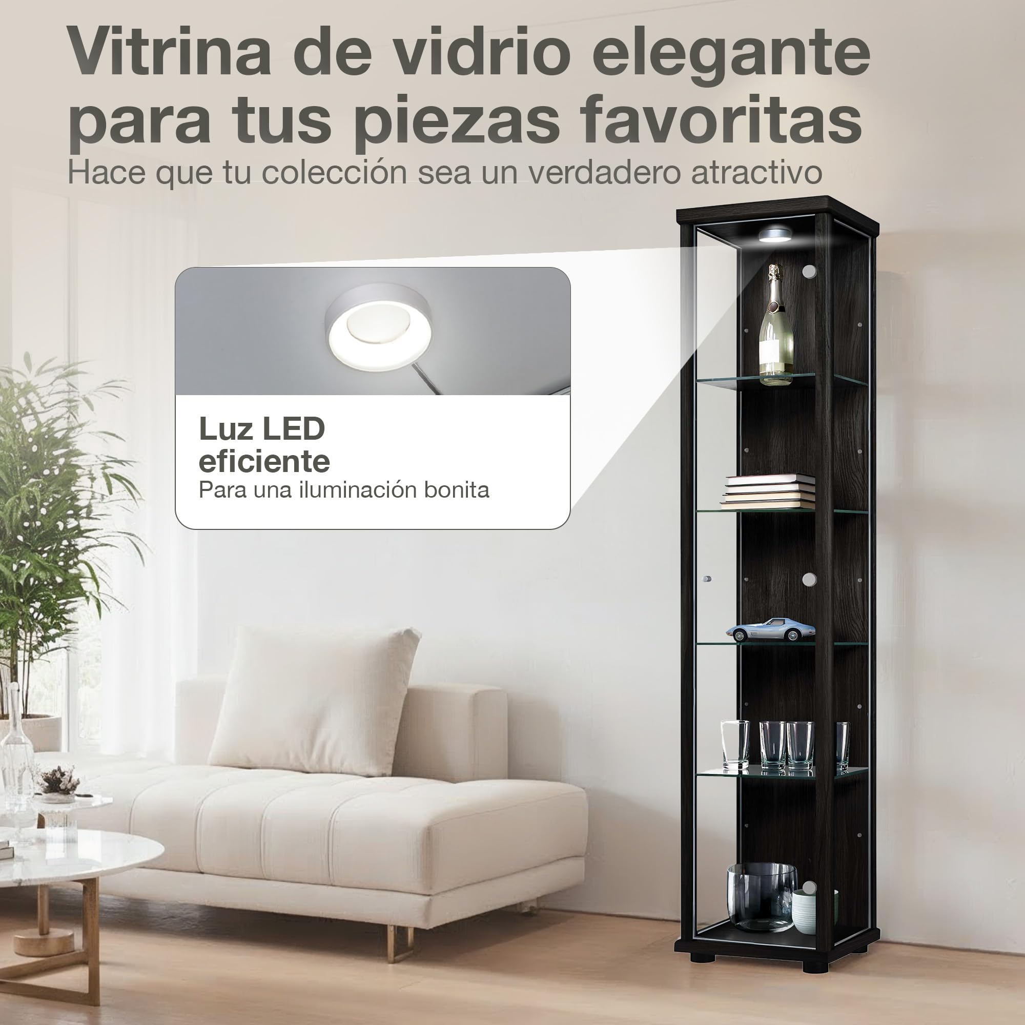 Vitrina de Cristal en Negro (176x37x33 cm) con 4 estantes de Cristal Regulables en Altura,LED - Vitrina para maquetas de Coches Negro - Vitrina de exposición