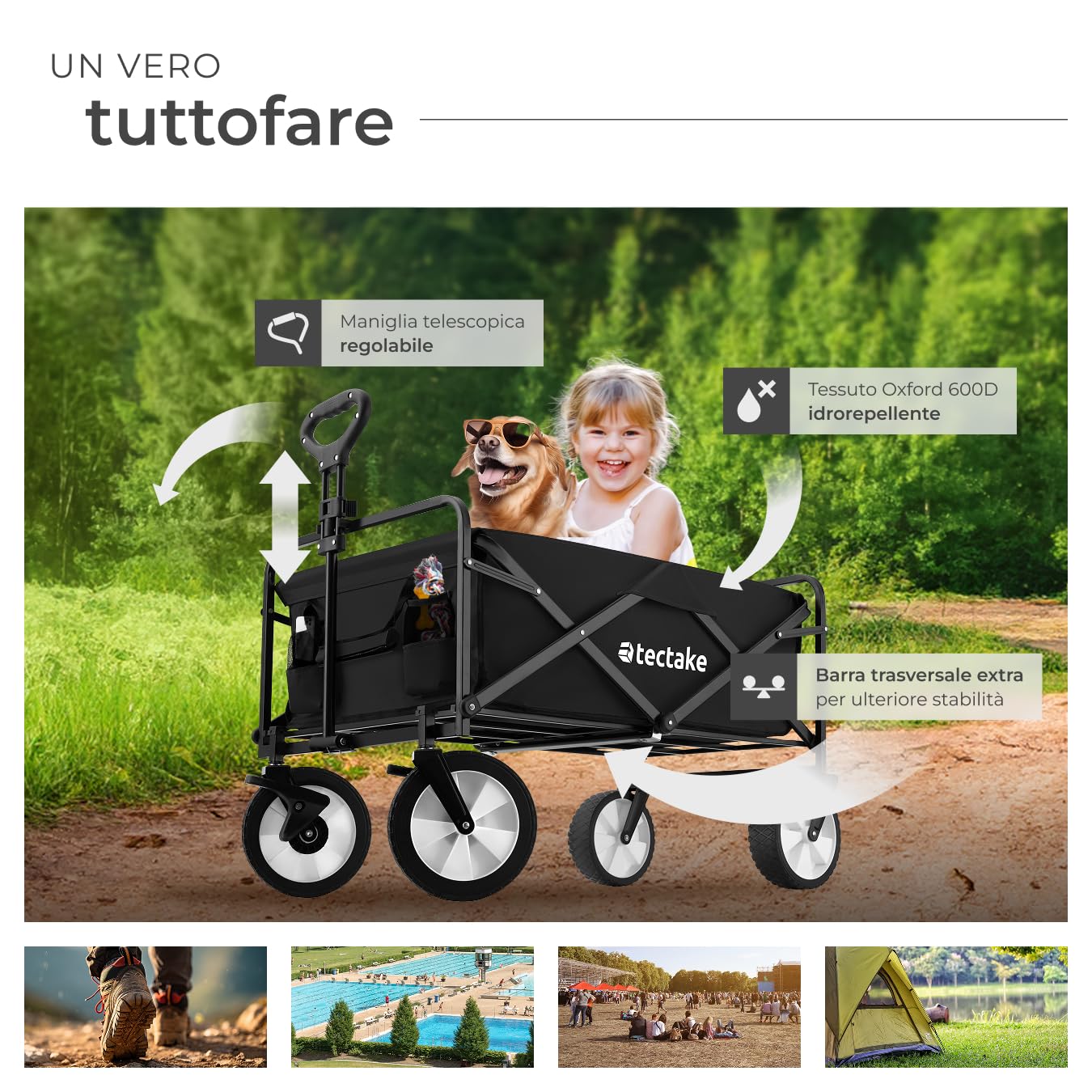 tectake® Carrello Pieghevole Leon, con Freni, Maniglia Telescopica, Carrello con Ruote Portatutto da Giardino, Carro Portaoggetti - Nero/Nero