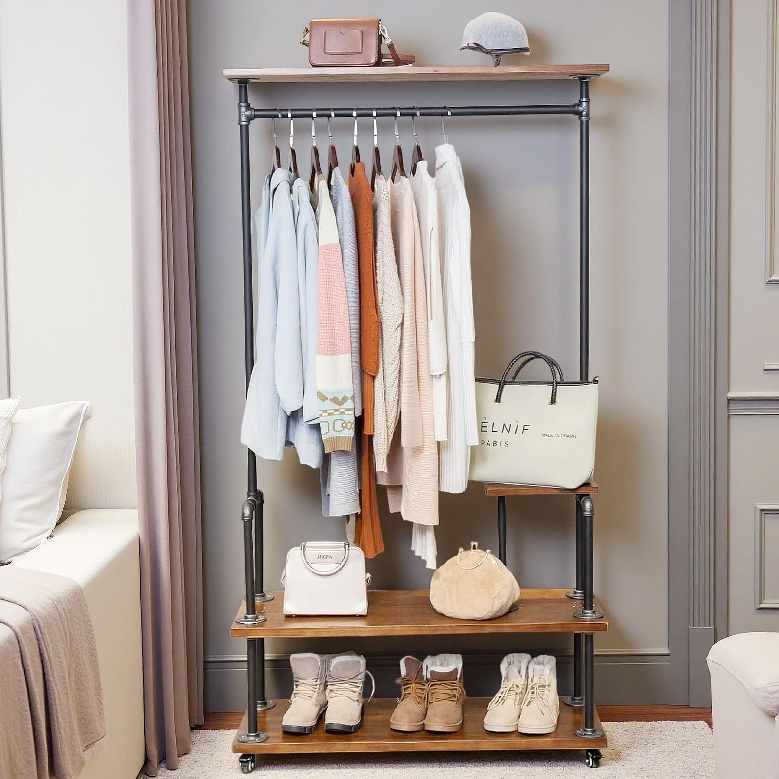 Industrial Clothing Rack, Pipe Style Rolling Garment Rack, Heavy Duty Steampunk Clothes Rack, Hall Tree on Wheels with Shelf and Shoes Storage for Home, Retail Store, Rustic Wood