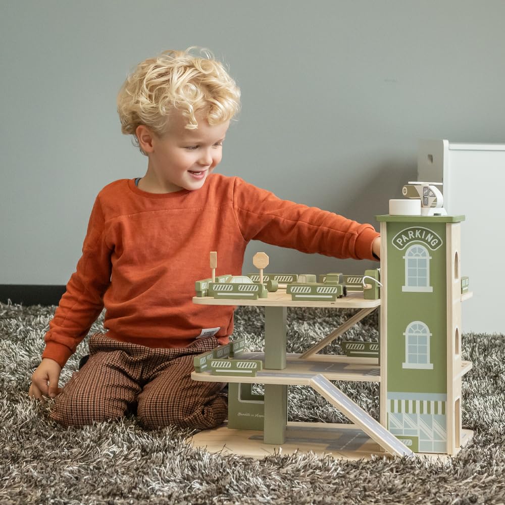 Bandits & Angels Holzspielzeuggarage Bandits Parkerlebnis mit 3 Etagen und Aufzug – inklusive 4 Autos – Spielzeugautogarage aus Holz – Retro-Grün