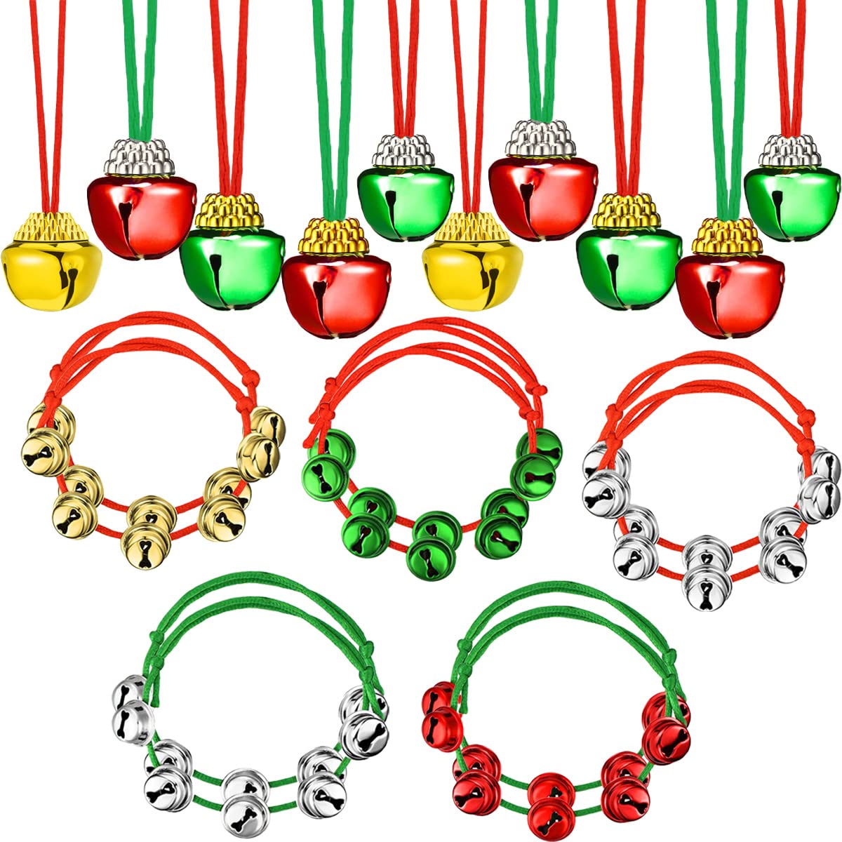 yfstyle Christmas Bell Necklaces Believe Bell Necklaces Christmas Necklace and Bracelet Set Adjustable Christmas Bell Bracelet Red and Green Jingle Bell Necklaces Bell Ornaments for Christmas Party