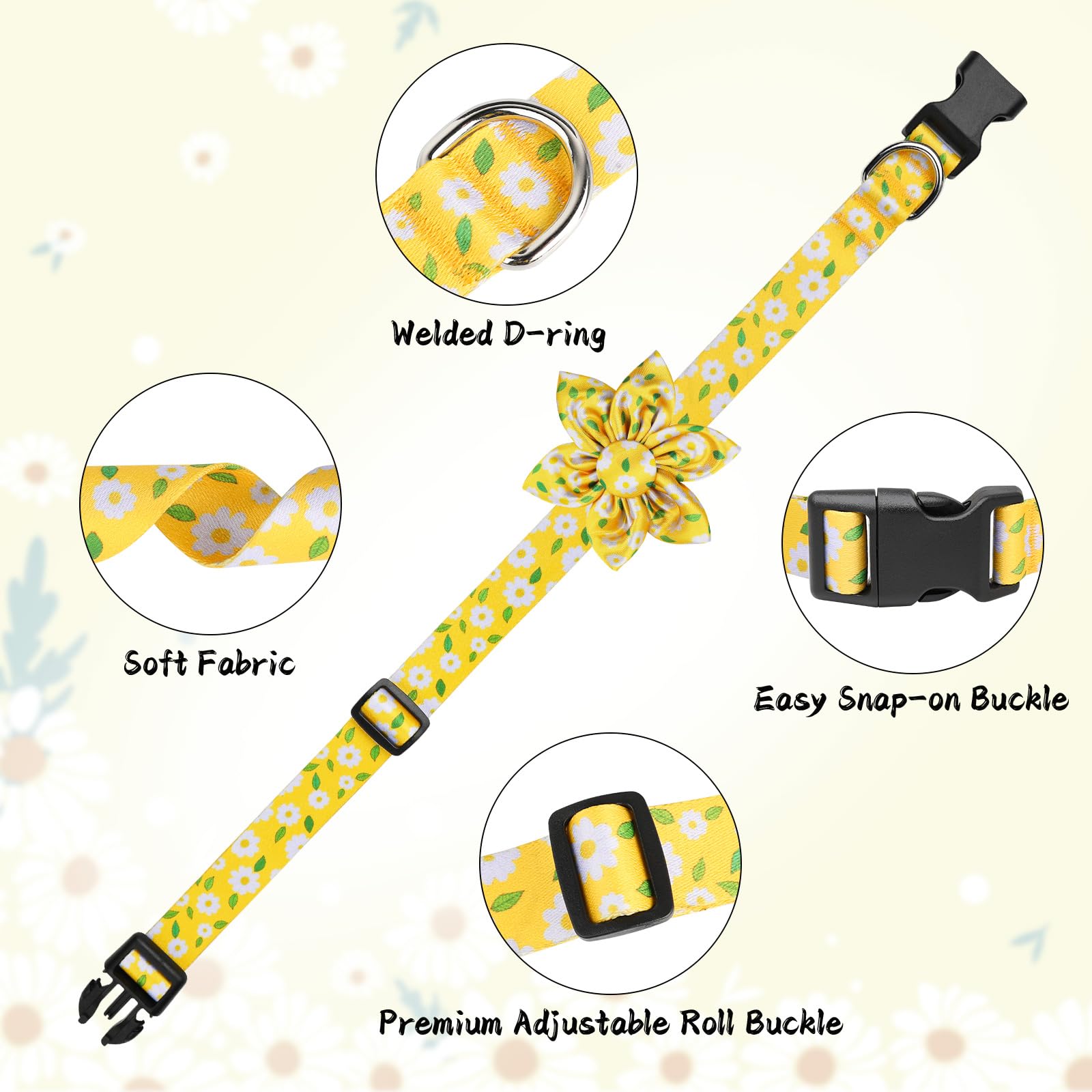 Daisy Yellow Dog Collar Cute Collars with Flower Bow for Small Medium Large Dogs Hot Yellow Floral Colored Options Dog Cat Bow Tie Soft and Fancy Personalized Dog Collars for Girl/Boy Dog Collar S - Image 4