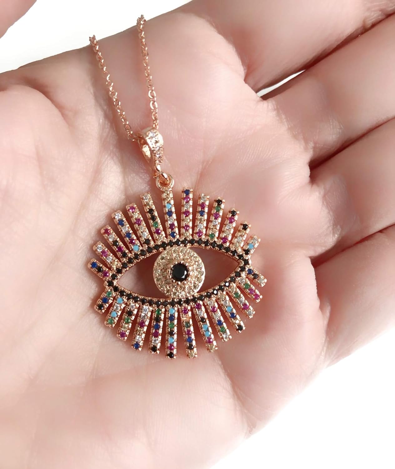 Evil Eye Necklace Rainbow Rose Gold Pated Pendant 17.5 Inches Chain - Image 5