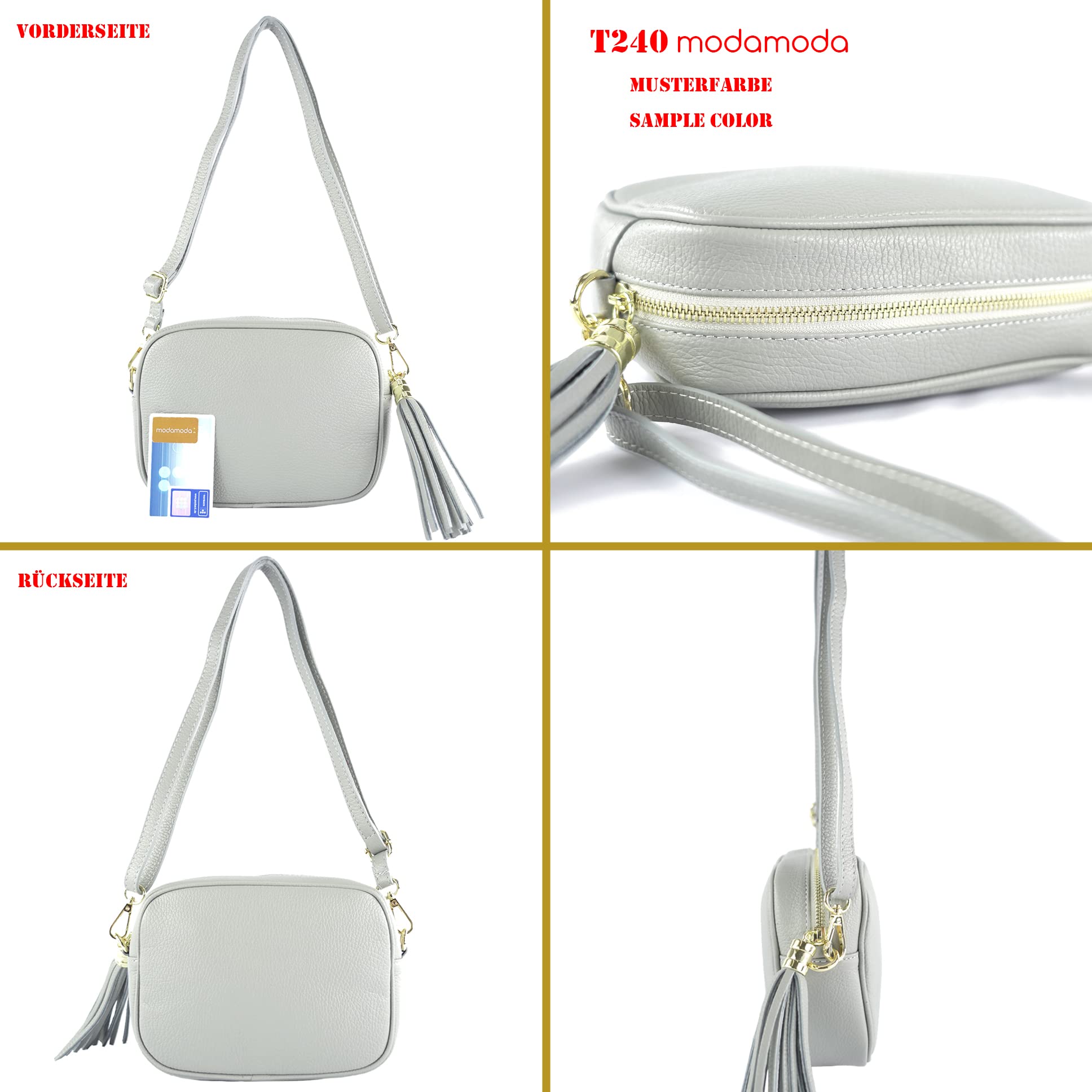 modamoda de - T240 - Bolso bandolera pequeño de piel auténtica italiana, beige, S