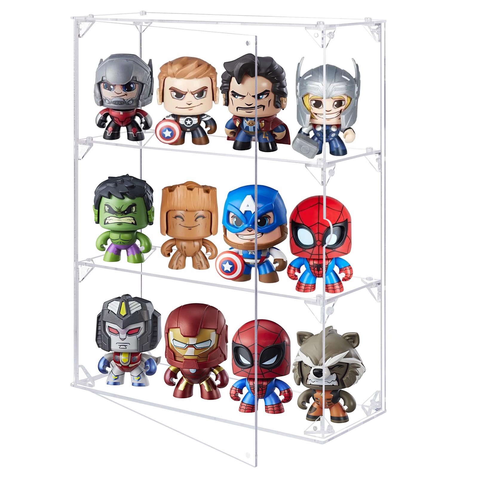 Espositore in acrilico per oggetti da collezione, mobiletto trasparente a 3 ripiani con porta magnetica, vetrina antipolvere per action figure, giocattoli, minifigure, rocce, organizer da parete o da
