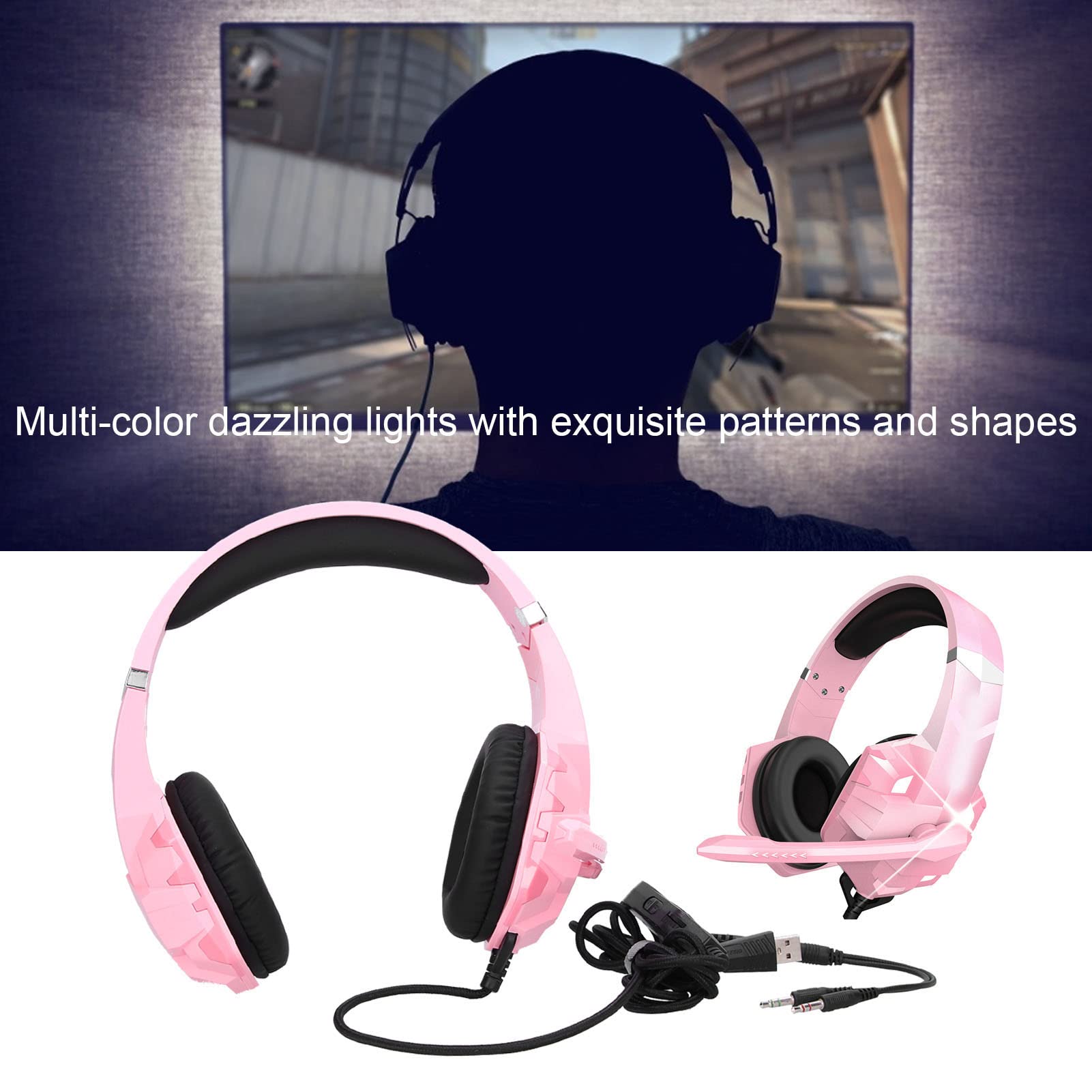JOEBO Zestaw słuchawkowy stereo do gier z dźwiękiem przestrzennym, słuchawki nauszne z redukcją szumów z mikrofonem, światłem LED i miękkimi nausznikami, przewodowy zestaw słuchawkowy do komputera PC