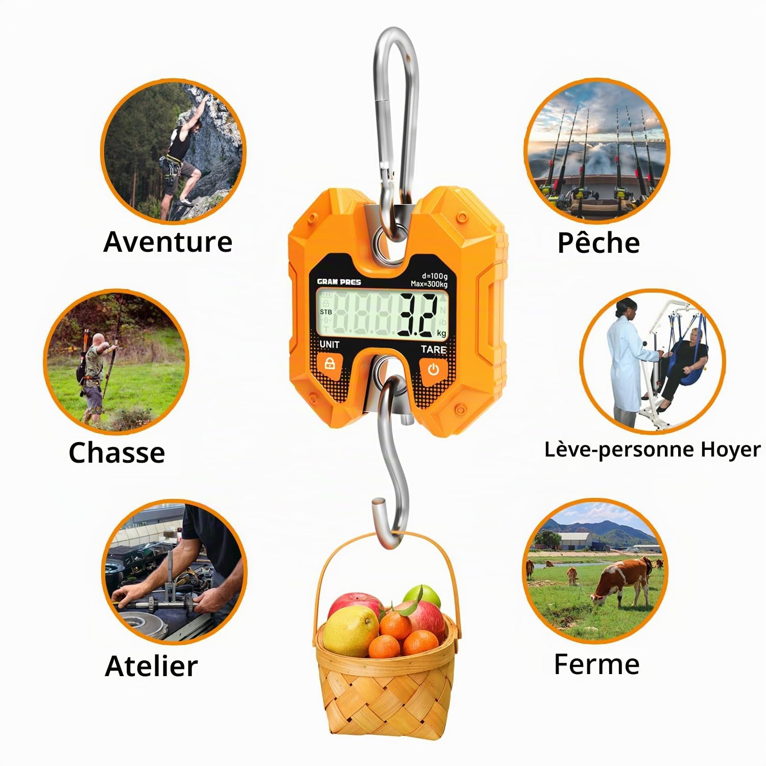 GRAM PRES Balance numérique suspendue 660 lb/300 kg, mini balance de grue portable, balance numérique avec crochet pour la ferme, le poisson, la viande, le gibier, les bagages, l'extérieur