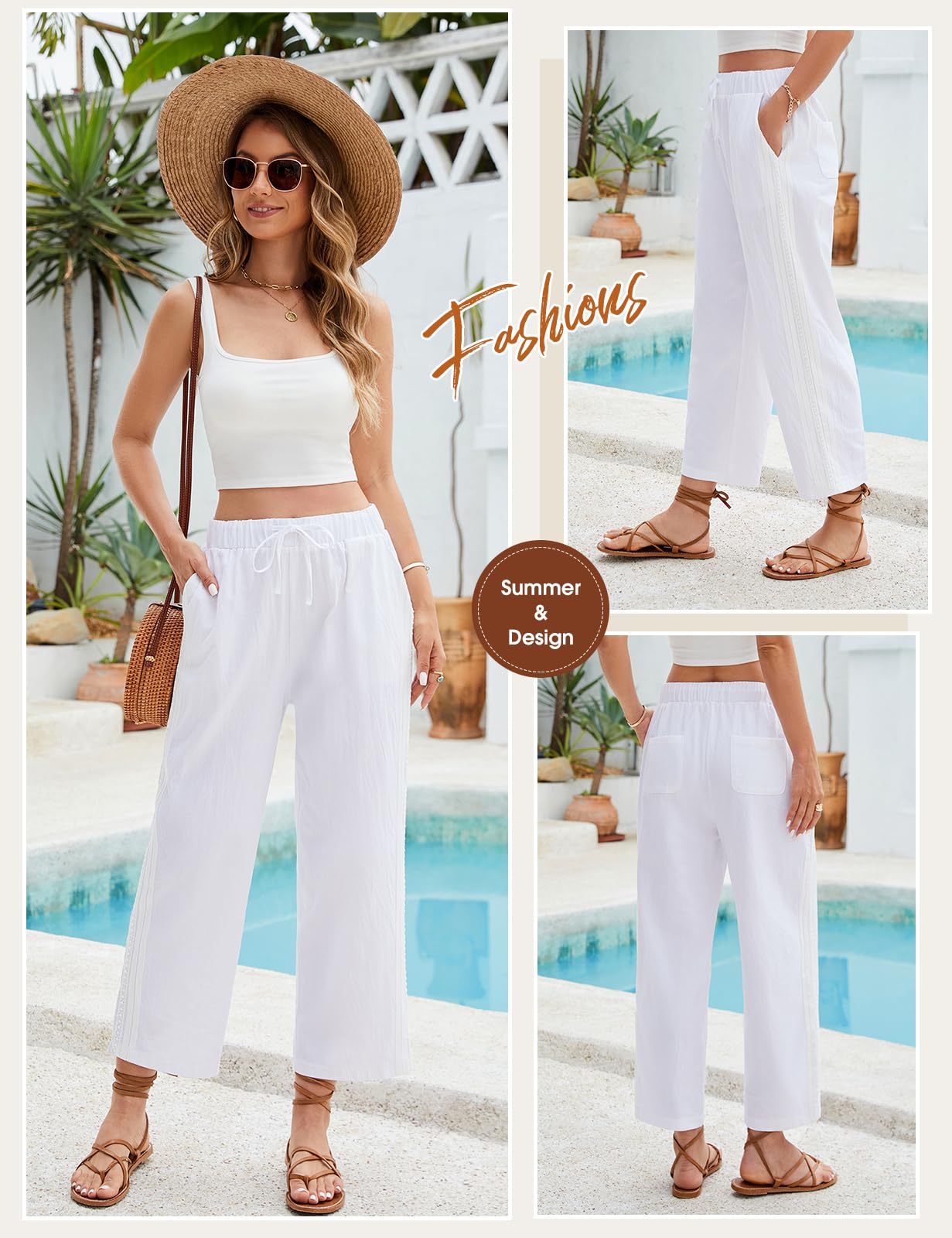 Pantaloni Donna Estivi Cotone 7/8 Pantaloni Larghi Allentati Vita Alta Estate Leggeri Comodi Pantaloni Spiaggia Casual con Coulisse Pantaloni Eleganti Motivo Laterale con Tasche