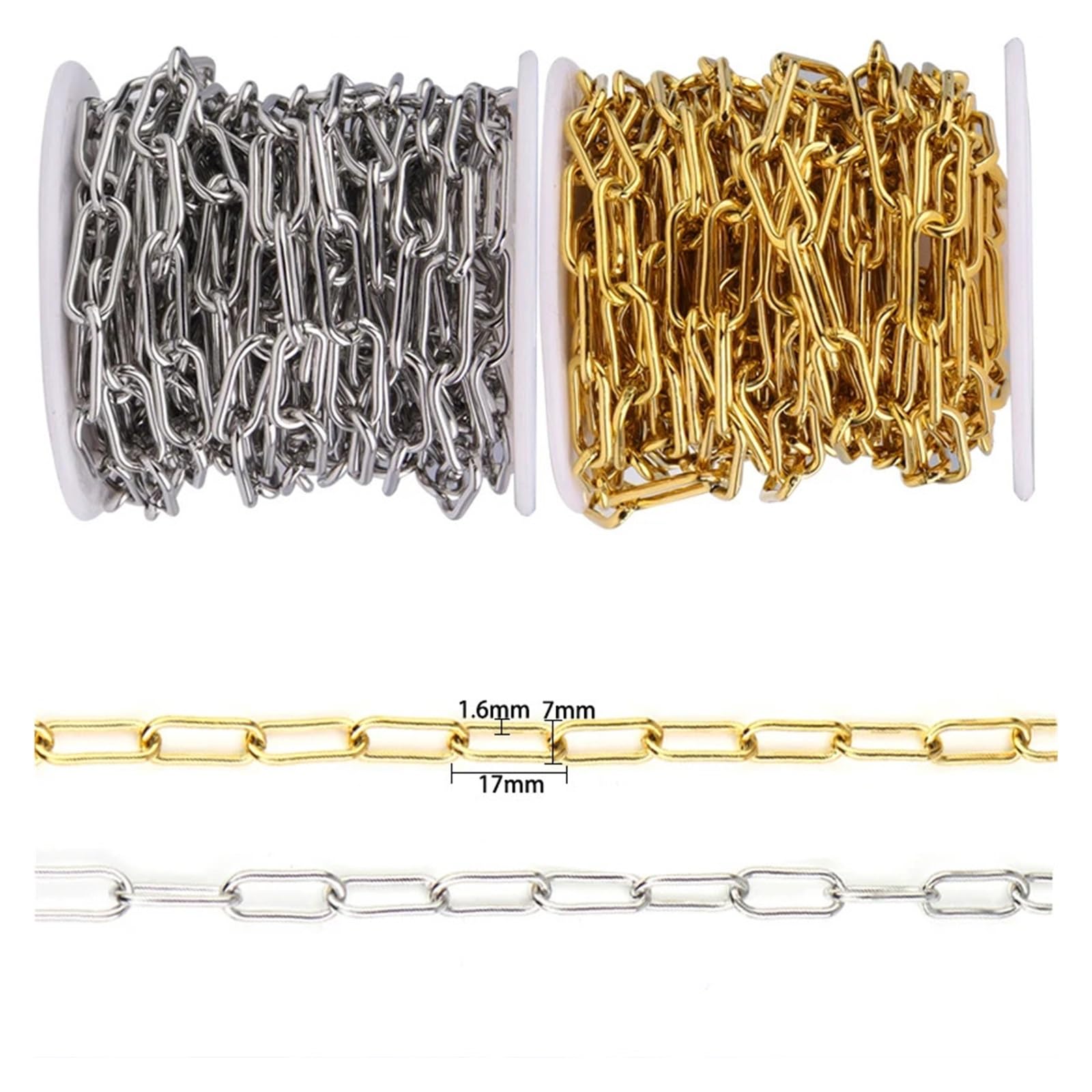 Cadena de clip de acero inoxidable (rollo de 1 a 5 m), color dorado, for hacer joyas, collares, pulseras y manualidades.