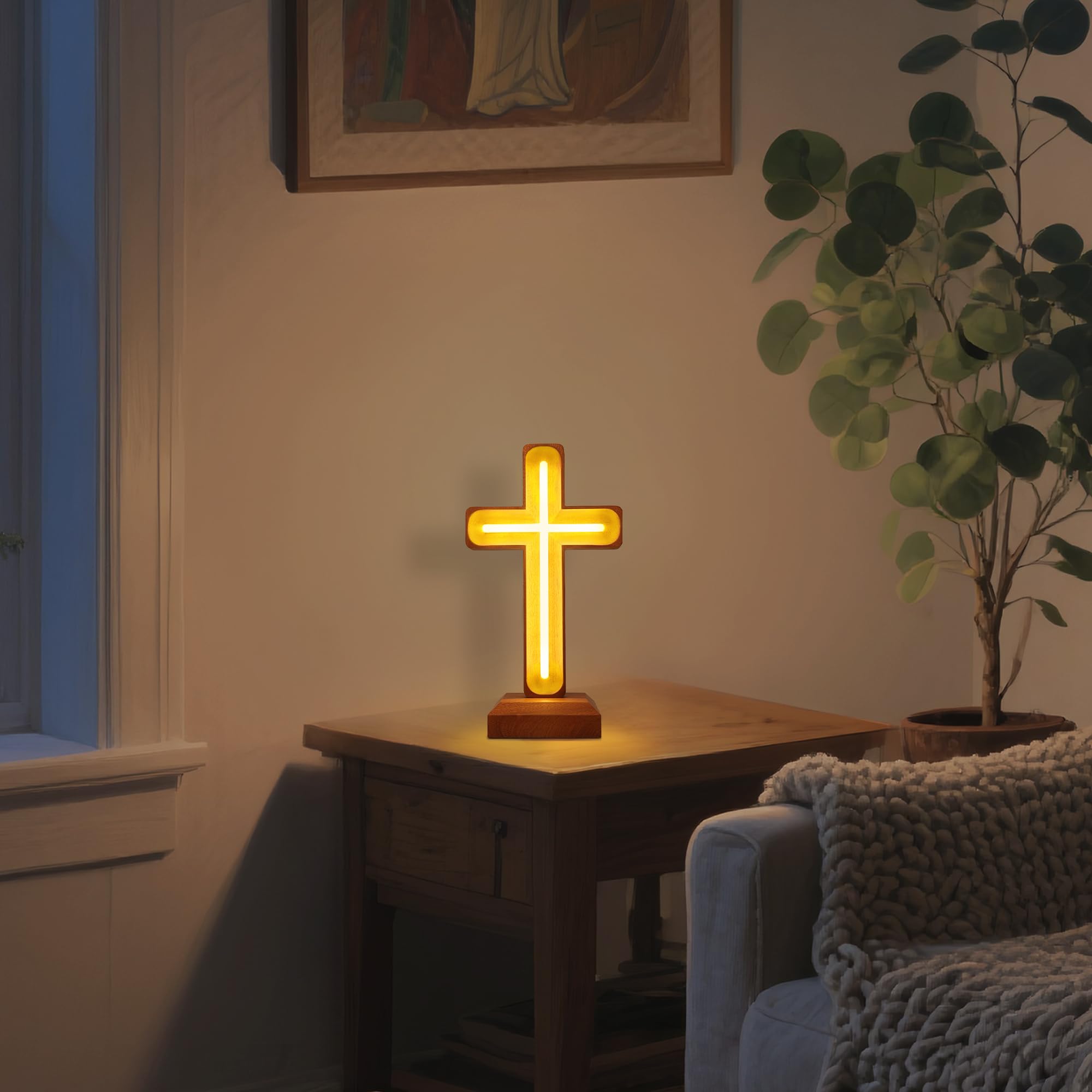 Lámpara de cruz de madera hecha a mano, luz cálida USB para mesita de noche
