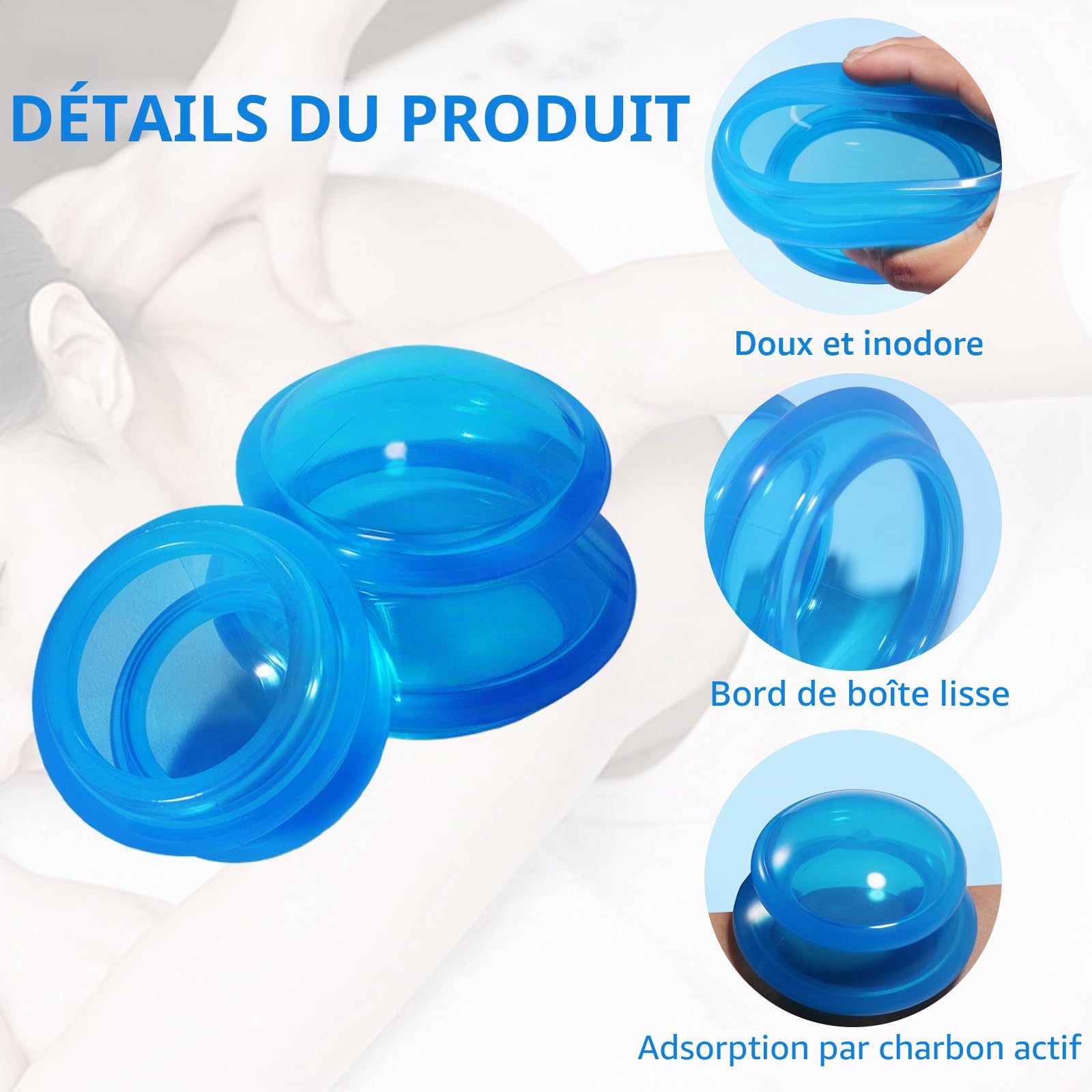 Ventouses en Silicone, Lot de 4 ventouses en silicone anti-cellulite - Appareil de massage pour le corps - Kit de massage sous vide - Anti-âge - Pour le visage et tout le corps (bleu)